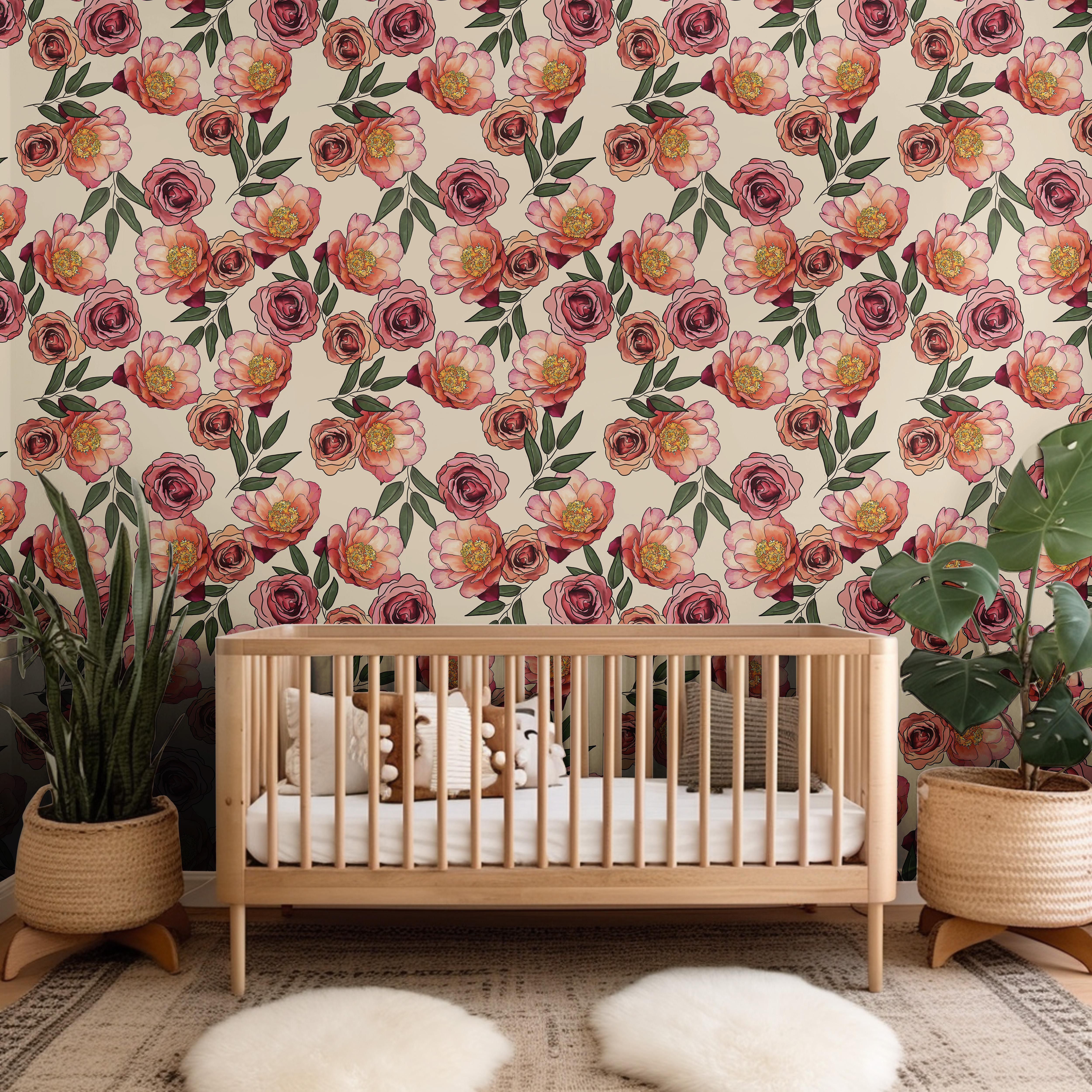 Rosy Rhapsody | Warm Floral Removable Wallpaper for Nursery, Bedroom, Walls, DIY Home Decor 1935 - James And Colors