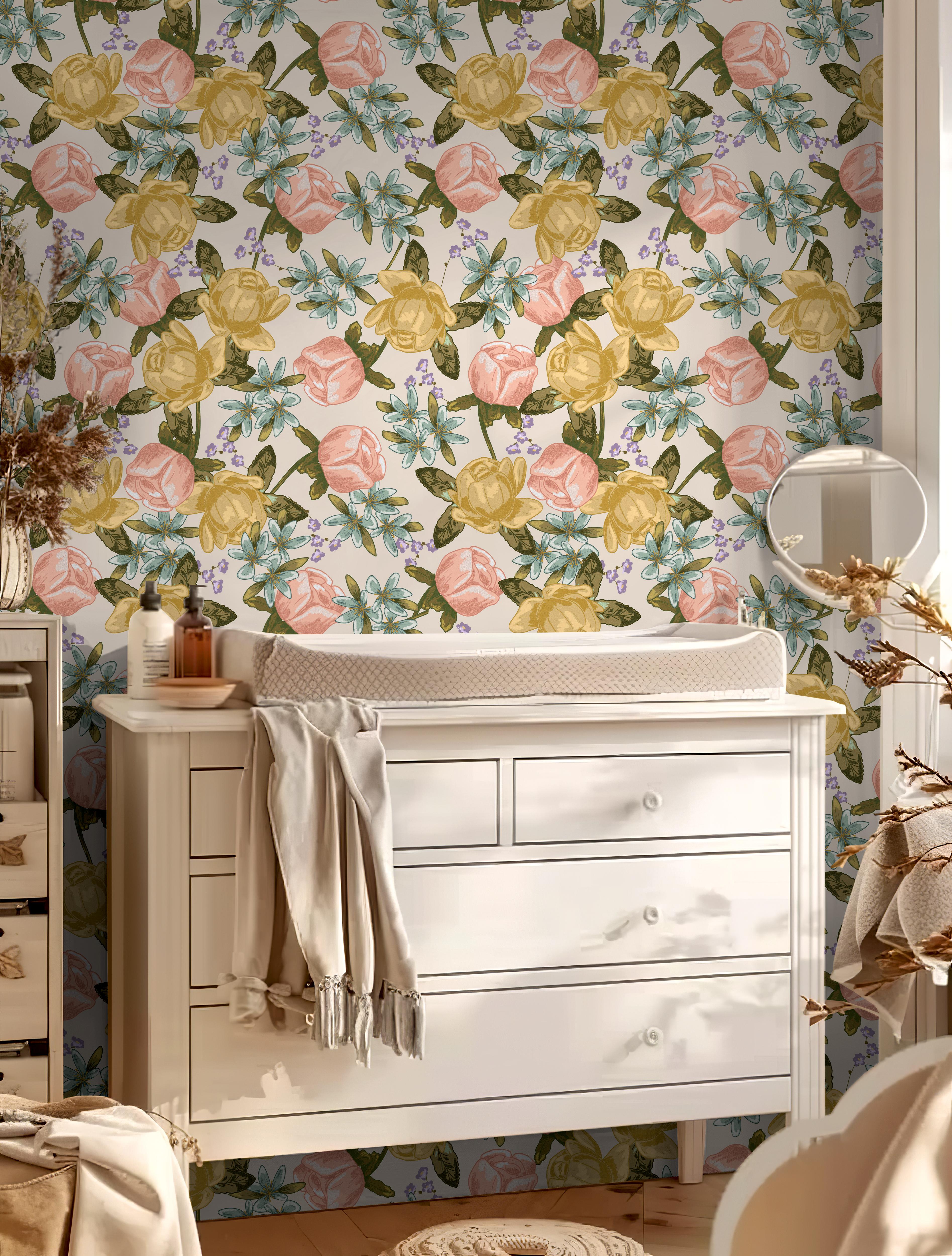 Rose Radiance | Neutral Floral Removable Wallpaper for Nursery, Bedroo ...