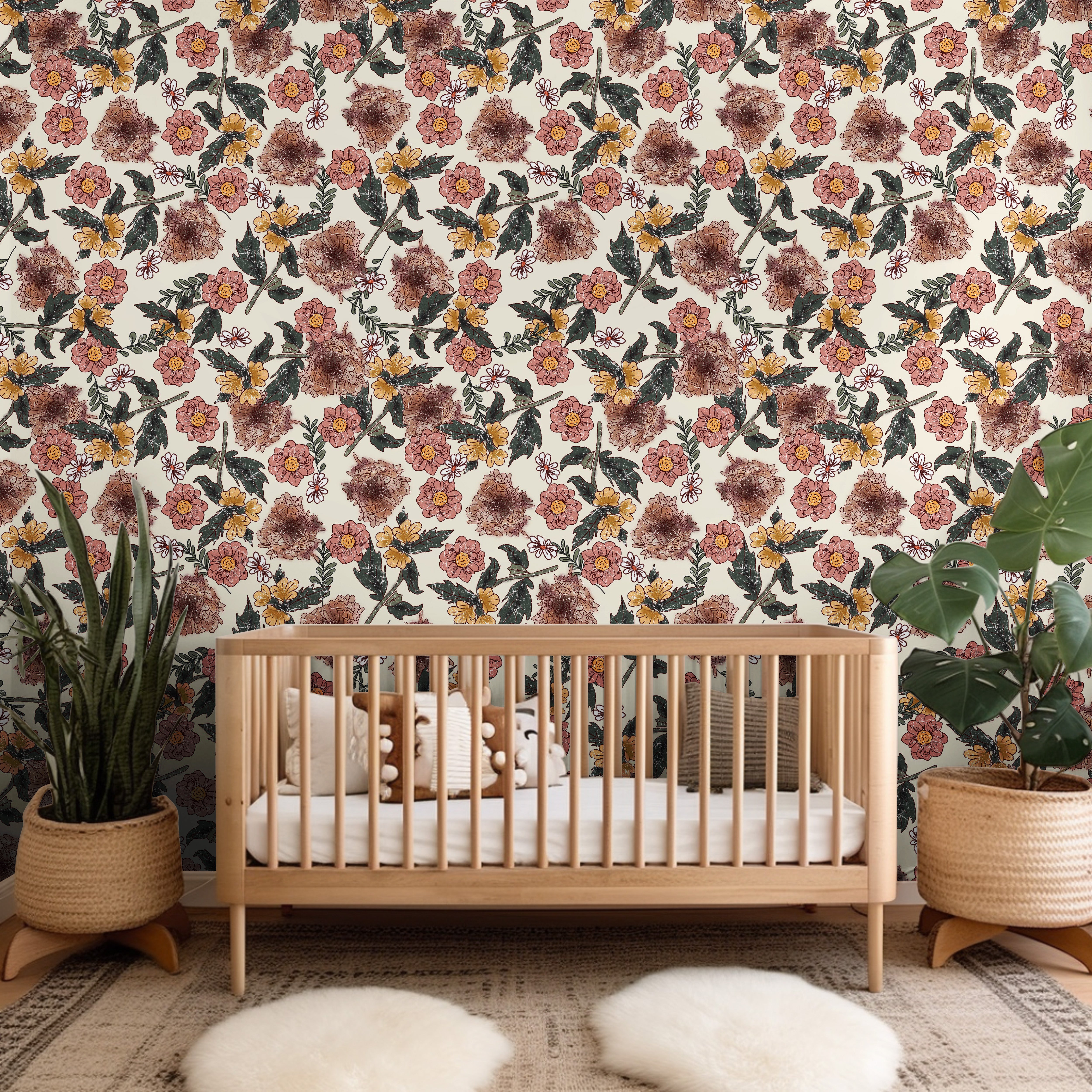 Garden Glory | Warm Floral Removable Wallpaper for Nursery, Bedroom, Walls, DIY Home Decor 1940 - James And Colors