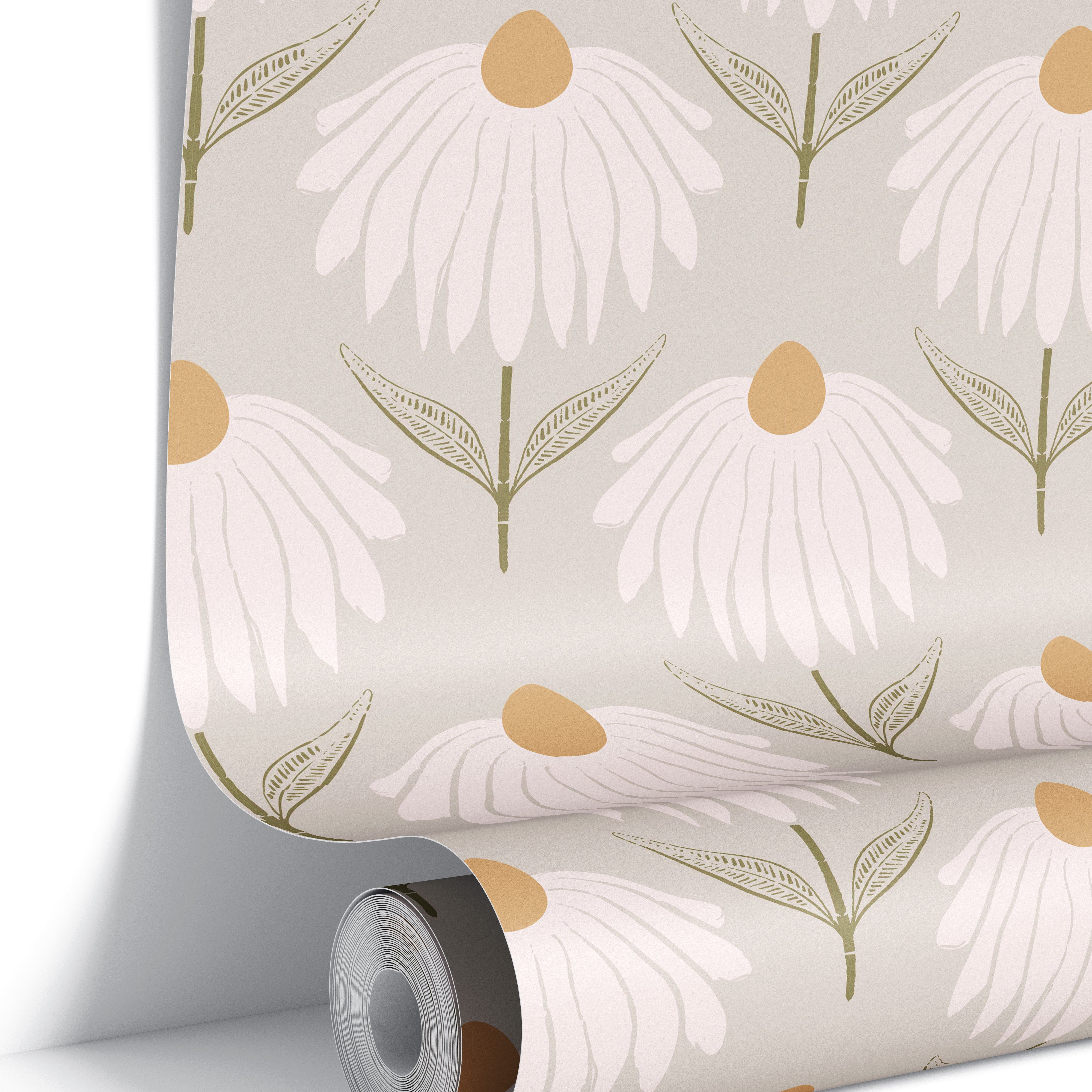 Roll of Heirloom Crown wallpaper with blush-ivory coneflowers, ochre centers, olive leaves, and a taupe background.