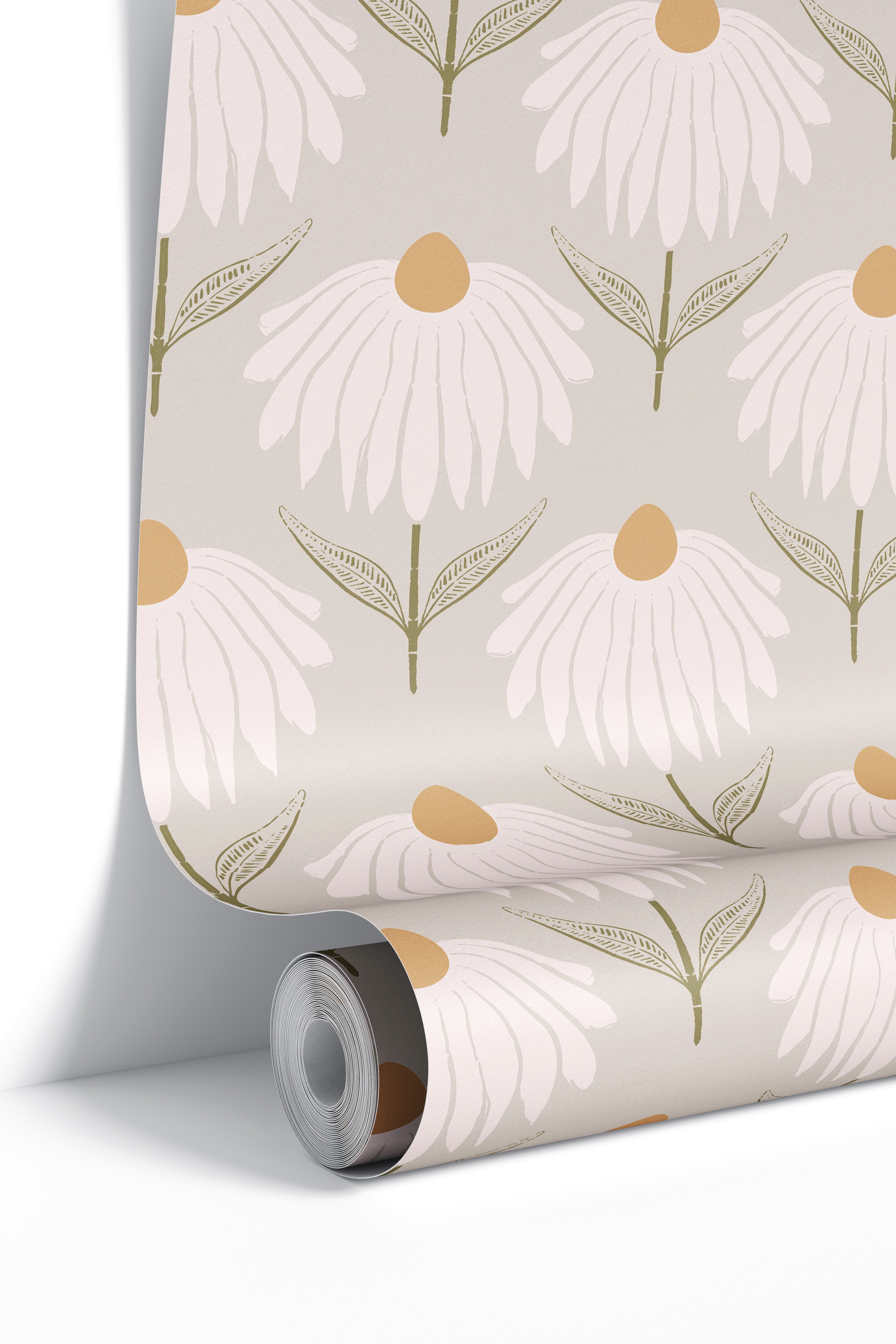 Roll of Heirloom Crown wallpaper with blush-ivory coneflowers, ochre centers, olive leaves, and a taupe background.