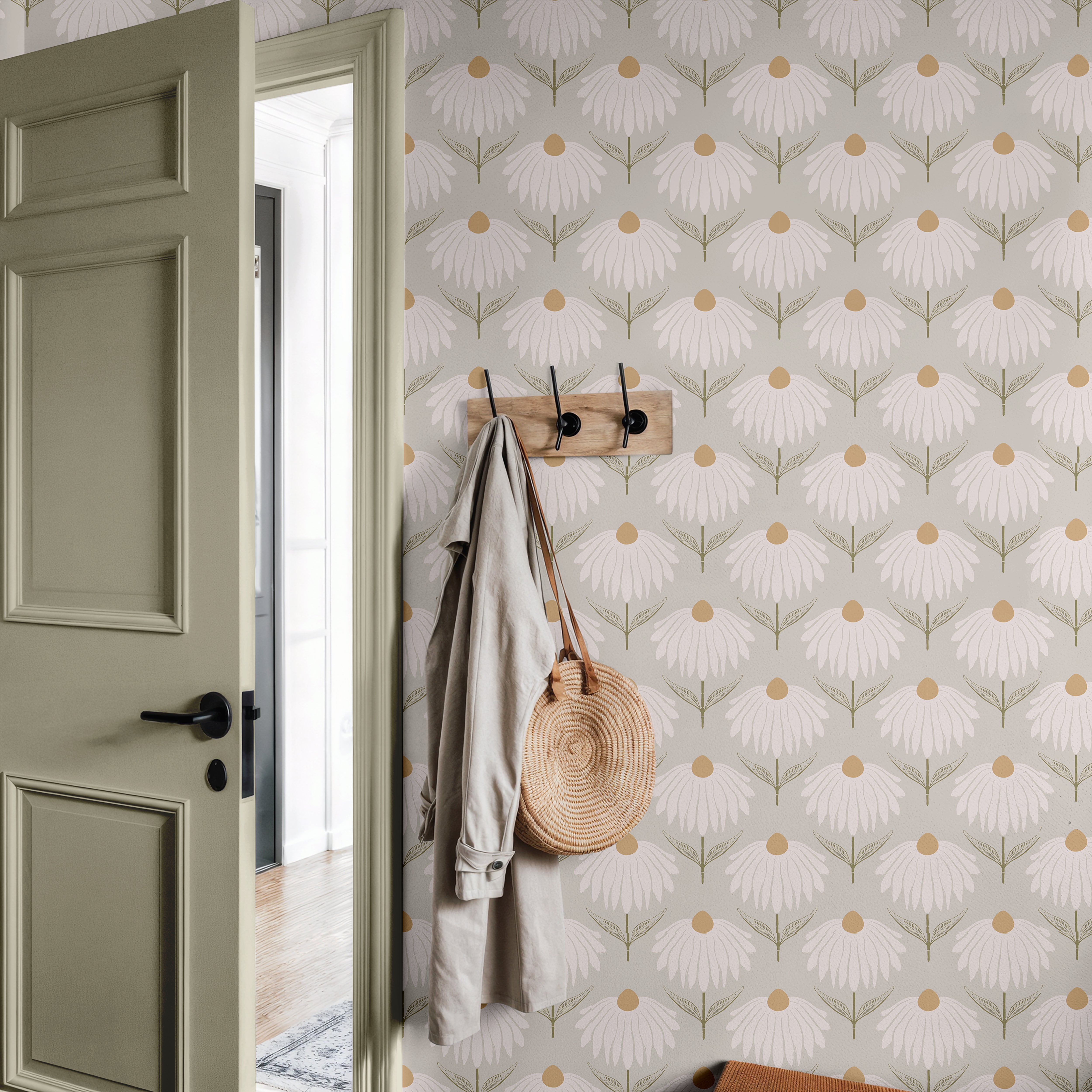 Close-up of Heirloom Crown neutral floral wallpaper showing blush petals, ochre centers, and olive leaf details