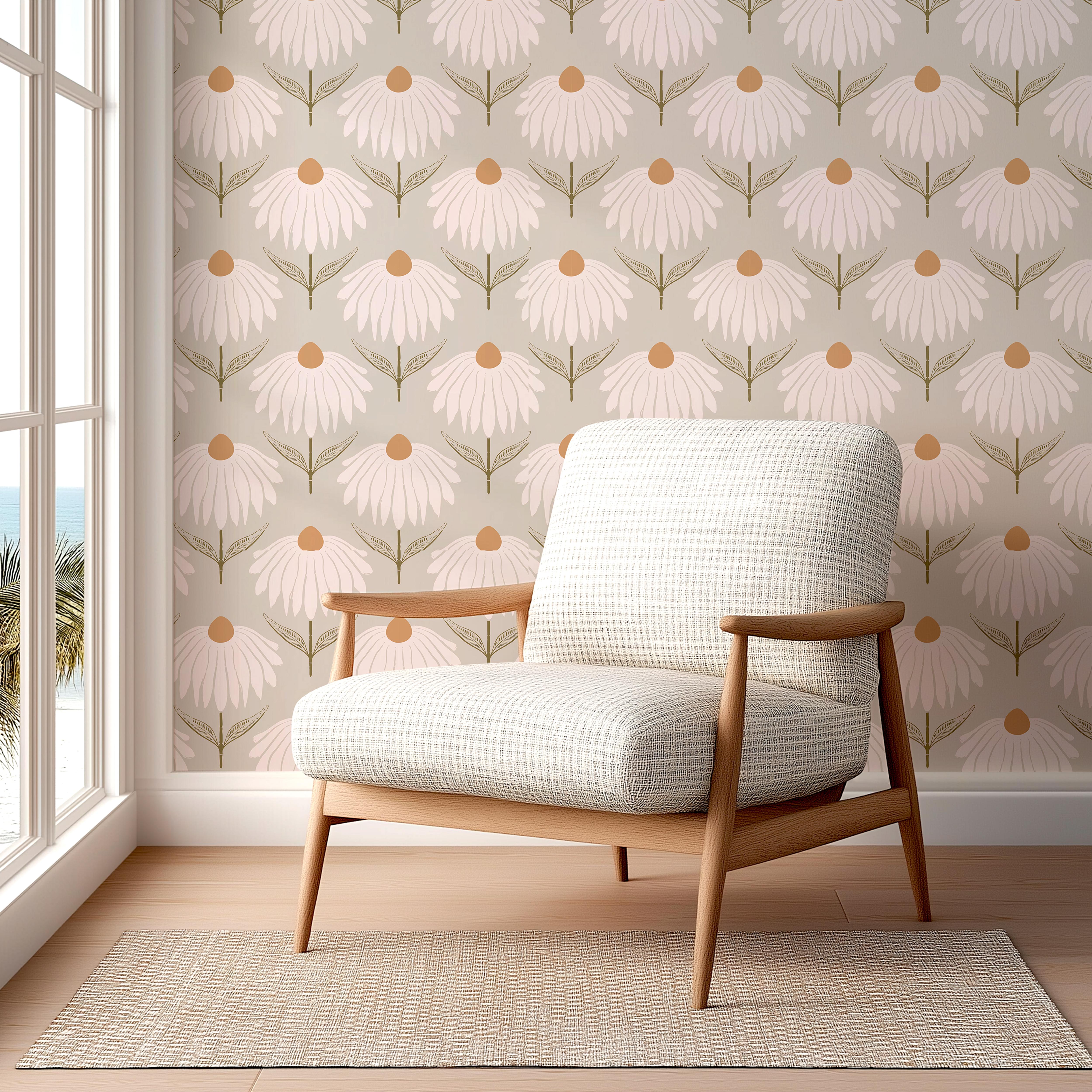 Heirloom Crown floral wallpaper in a bright reading corner with a modern wood chair and neutral woven rug.