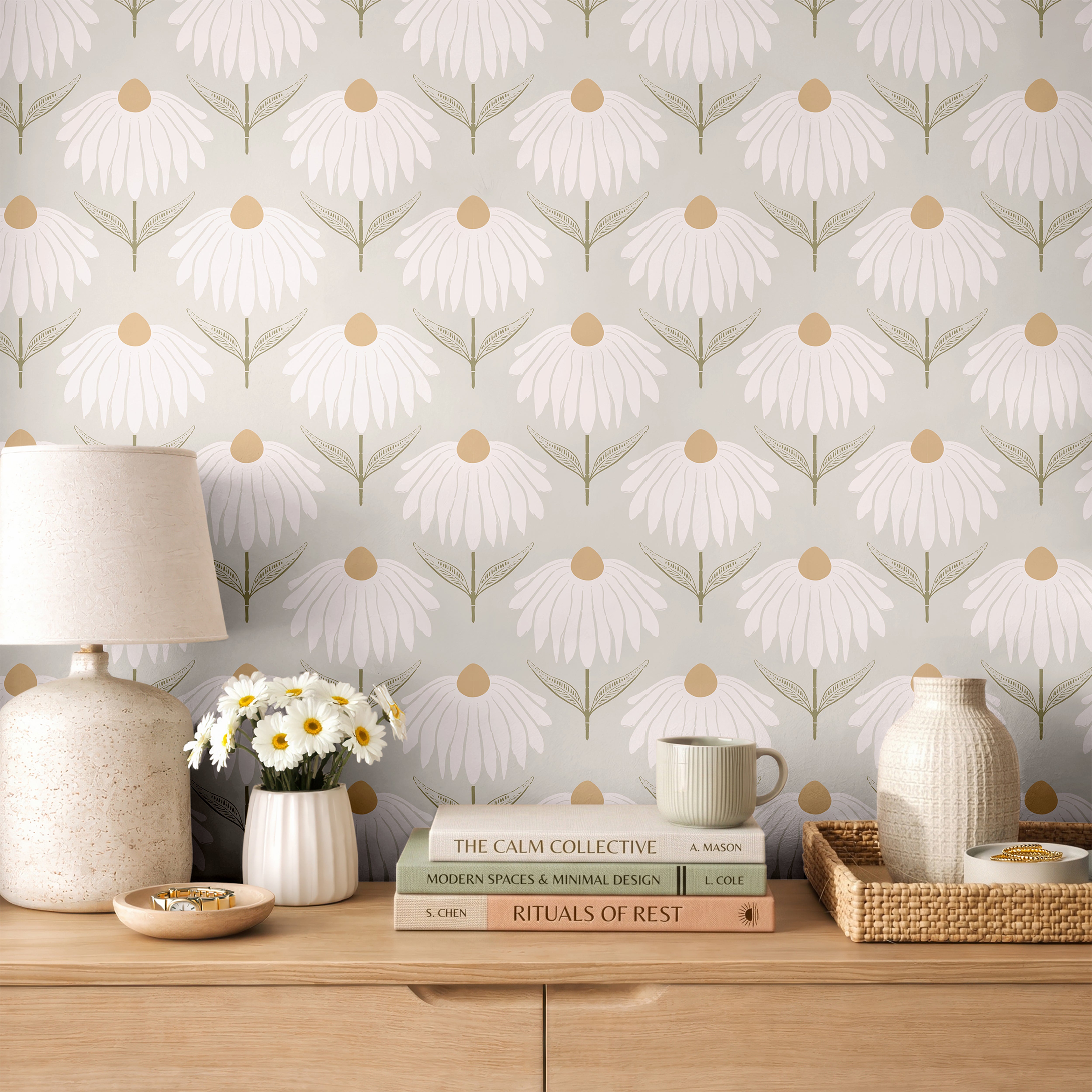 Heirloom Crown wallpaper styled in a calm bedroom with natural wood furniture, cream bedding, and warm neutral accents.