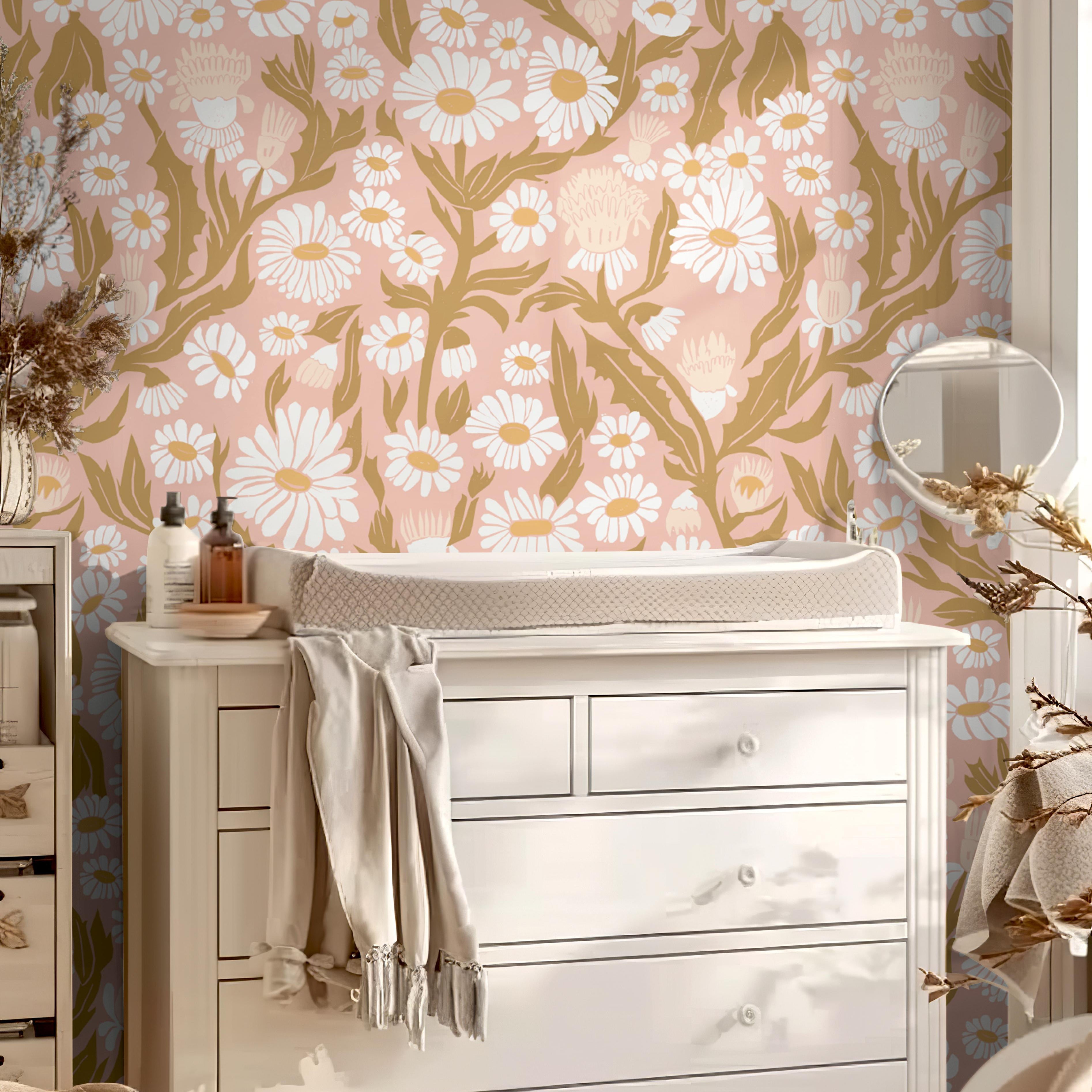 Golden Glee | Pink Floral Removable Wallpaper for Nursery, Bedroom, Walls, DIY Home Decor 1950 - James And Colors