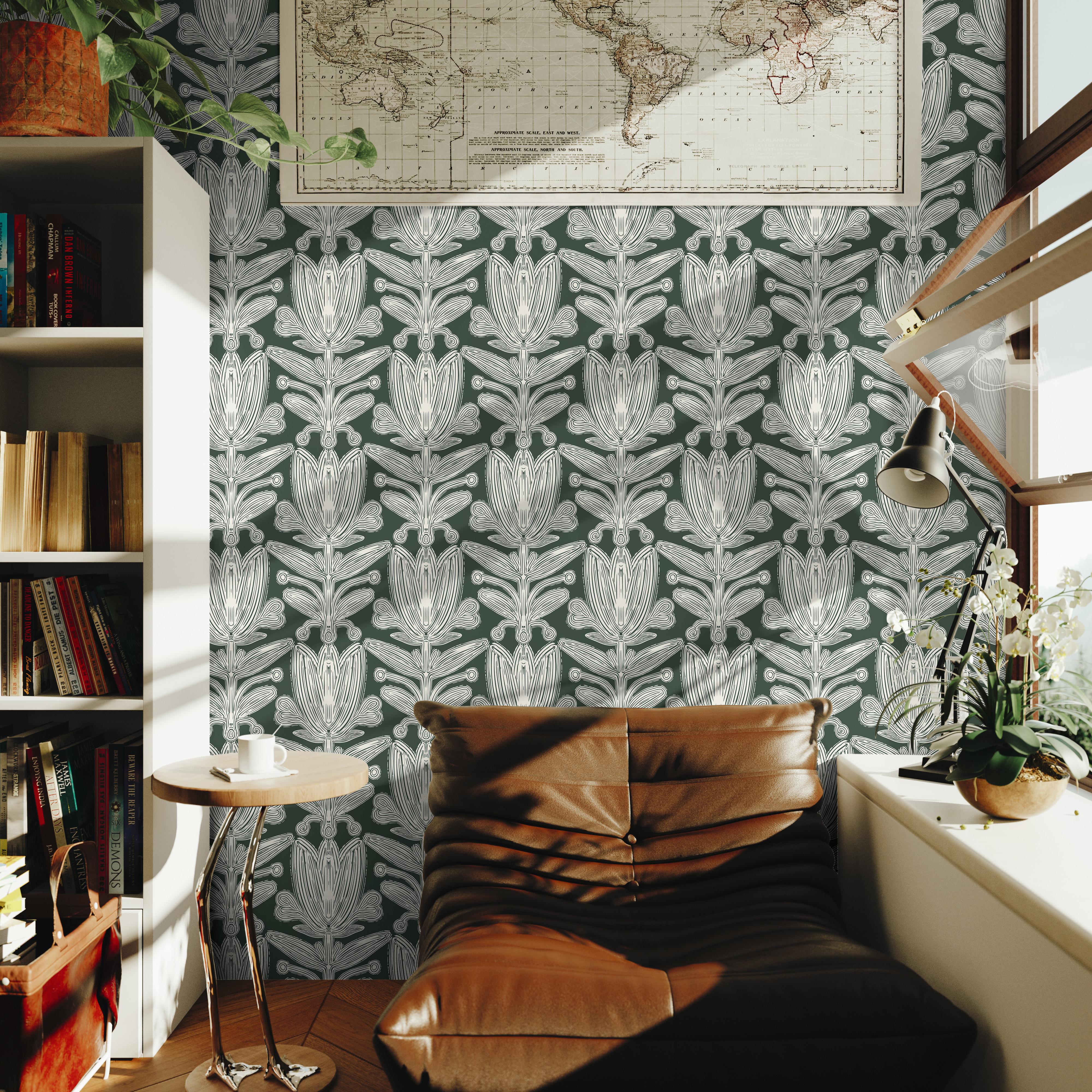 Verdant Vignette | Green Botanical Damask Removable Wallpaper for Office, Bedroom, Walls, DIY Home Decor 1956 - James And Colors