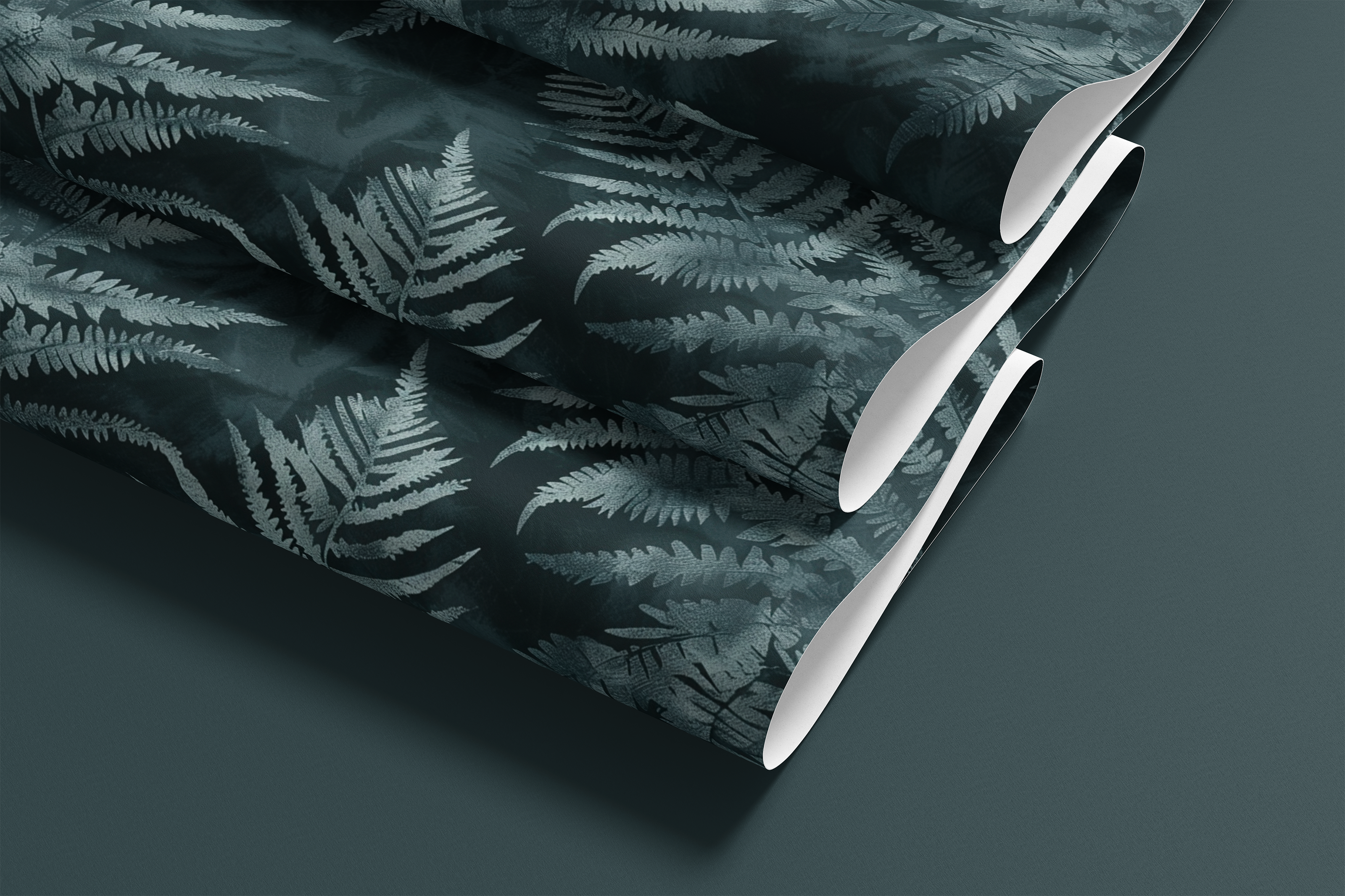 Contact paper 1962: A roll of deep green and black contact paper featuring detailed fern silhouettes, creating a moody and elegant botanical aesthetic for modern and vintage-inspired interiors.