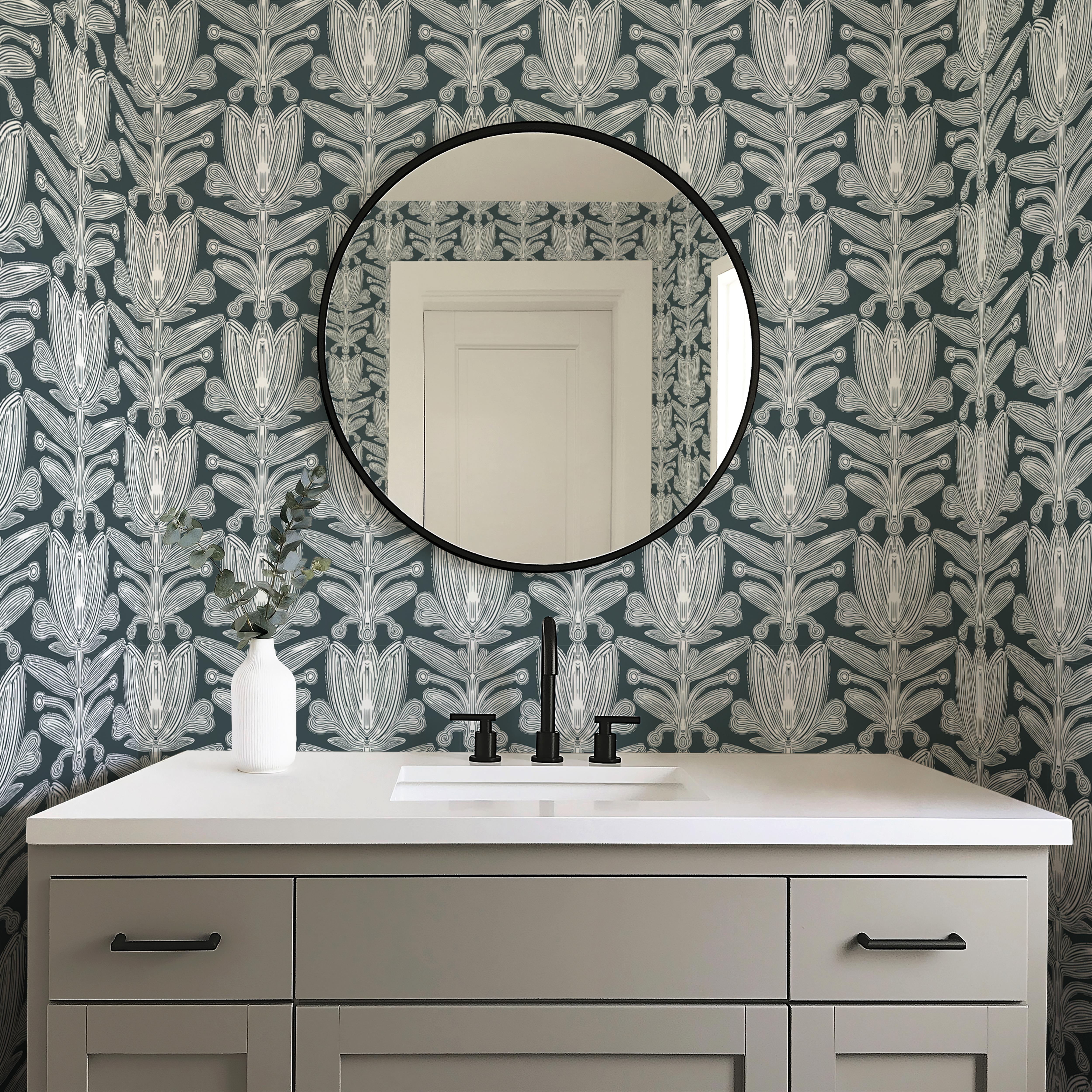 Dusky Damask | Teal Botanical Removable Wallpaper for Office, Bedroom, Walls, DIY Home Decor 1963 - James And Colors