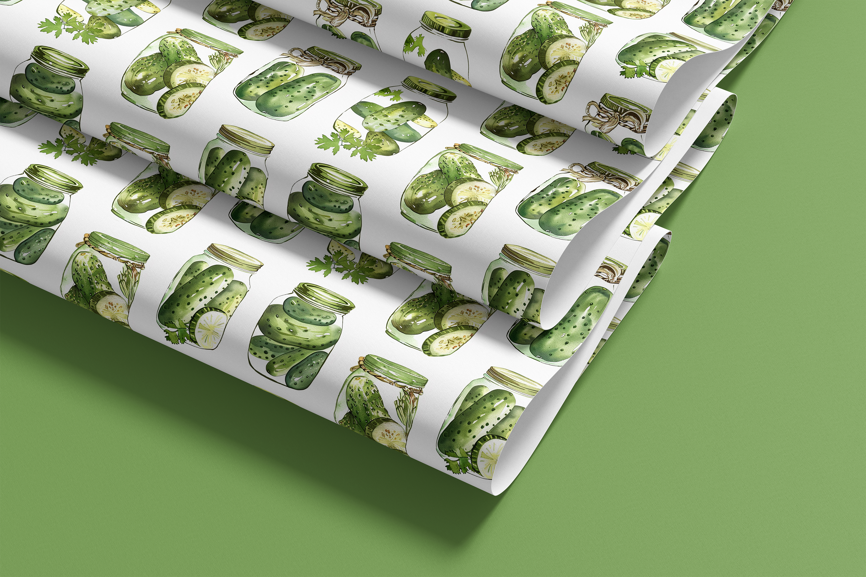 Contact paper 1967: A roll of pickle-themed contact paper featuring hand-drawn green cucumbers, sliced pickles, and mason jars on a clean white background, perfect for kitchen decor and DIY projects.