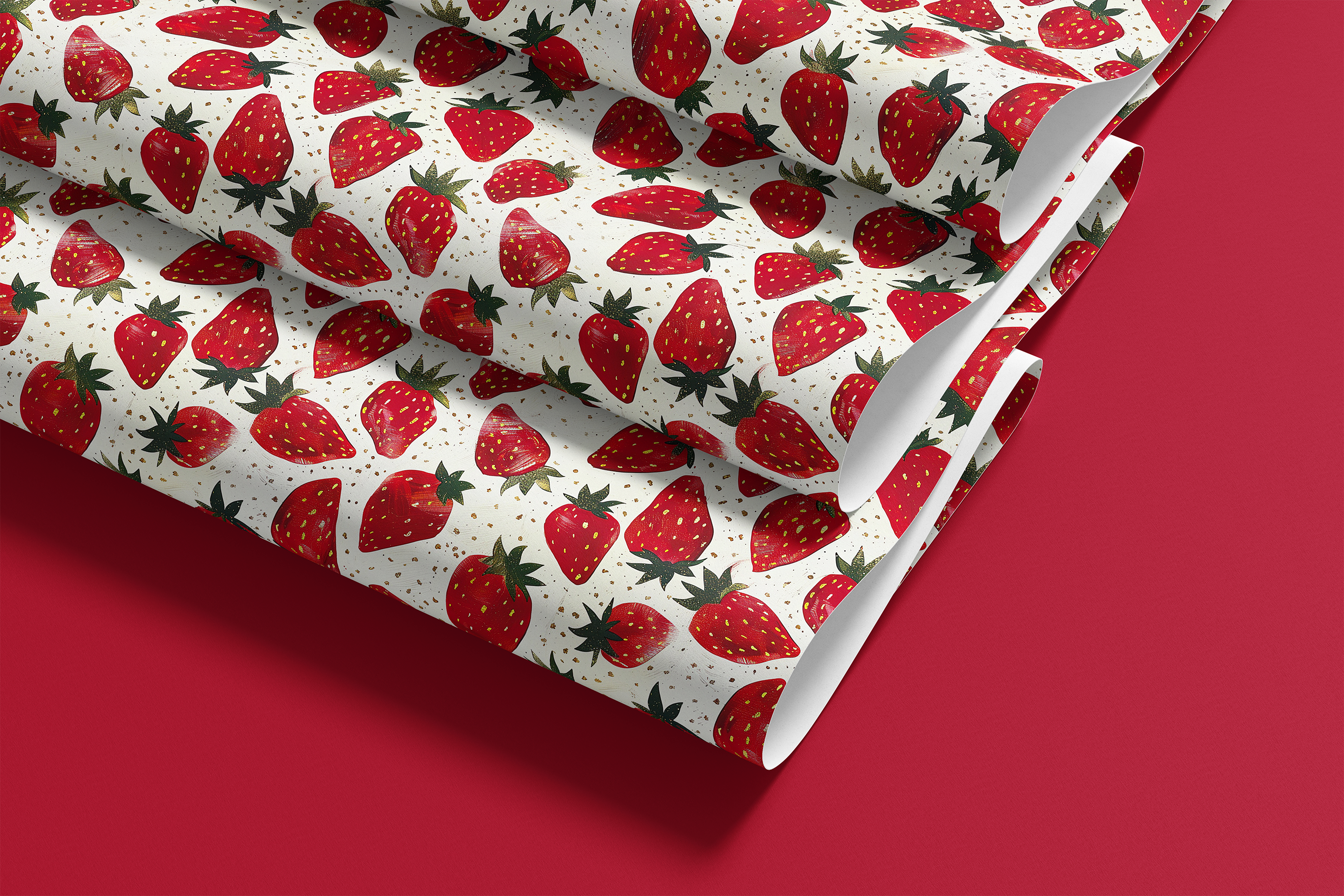 Contact paper 1968: A roll of vibrant strawberry-themed contact paper featuring red berries on a cream-colored background with golden speckles, perfect for kitchen decor and DIY projects.
