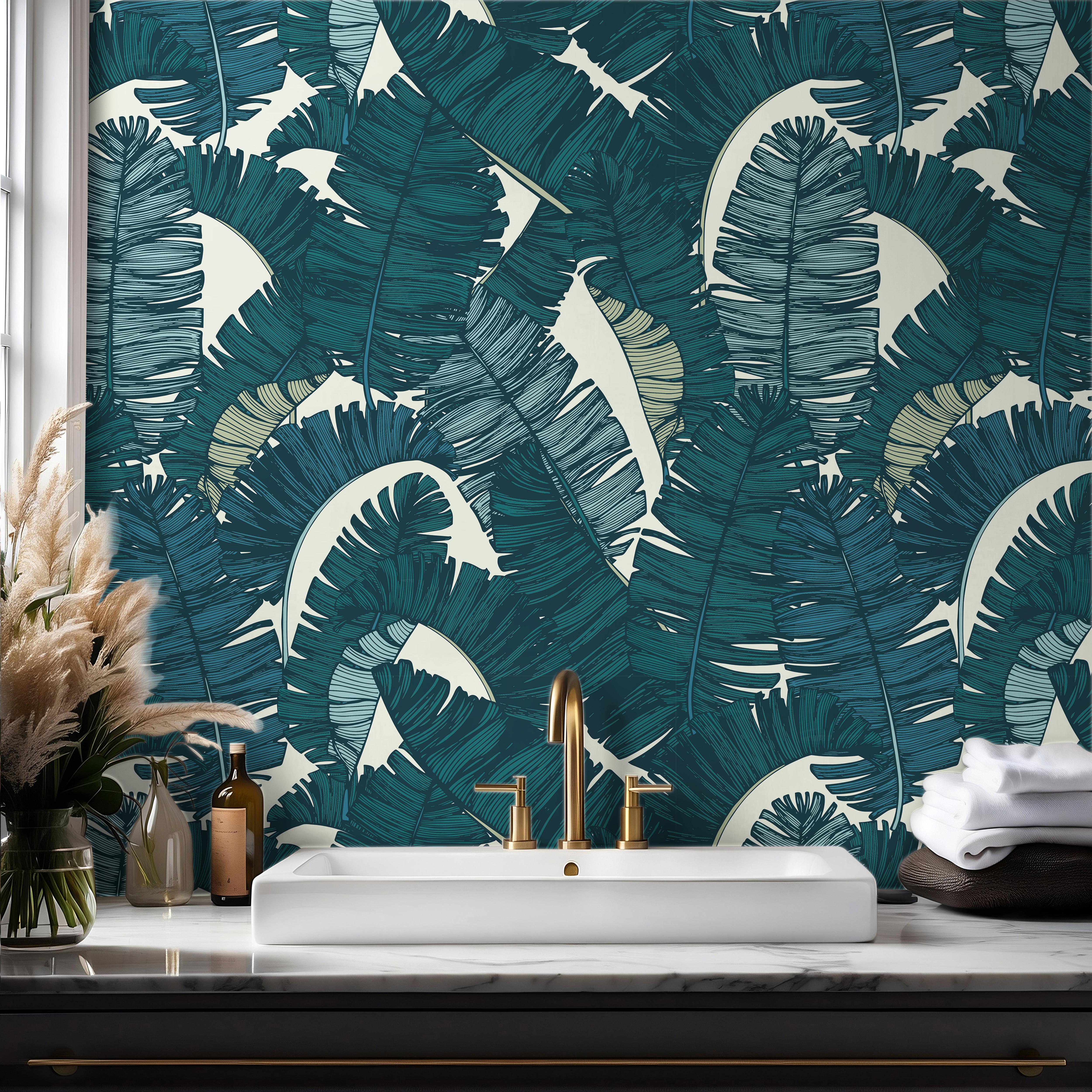 Wallpaper 1979: Bathroom with bold teal botanical wallpaper featuring large tropical leaves behind a white sink, brass faucet, and decorative vases on a marble countertop.