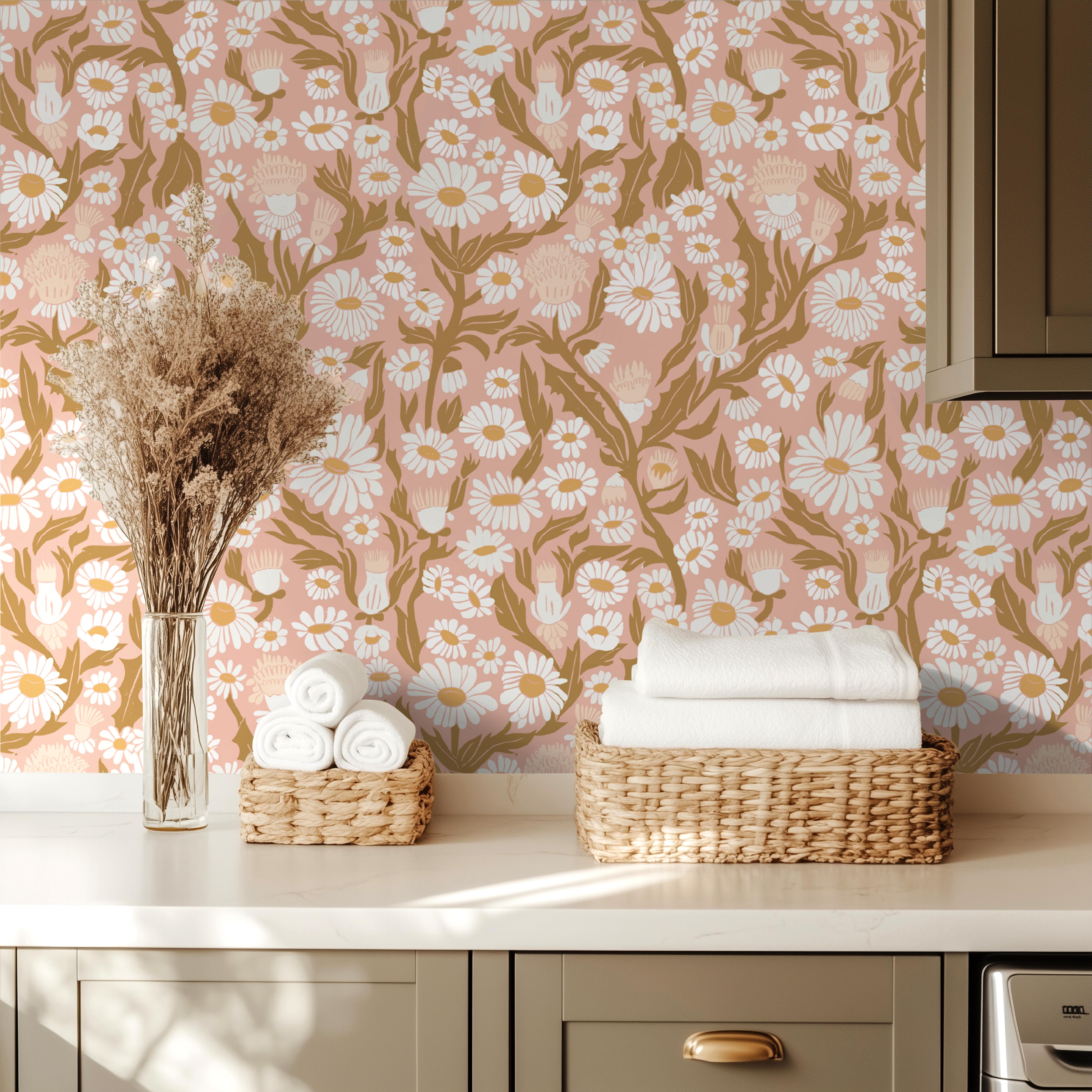 Daisy Delight | Pink Floral Removable Wallpaper for Office, Bedrooms, Doors, Walls, DIY Home Decor 1981 - James And Colors