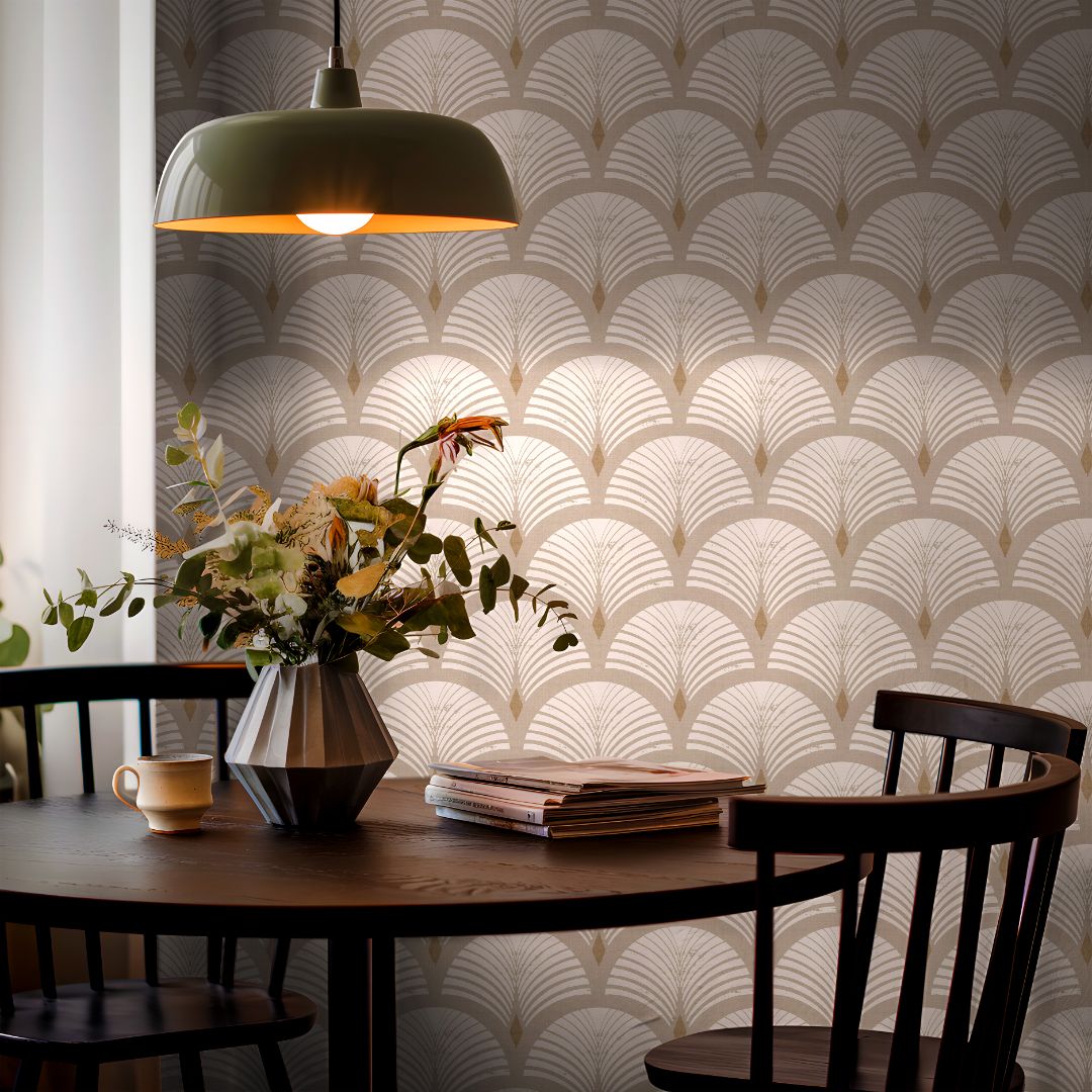 Sandcroft neutral Art Deco wallpaper with distressed fan pattern featured in a sophisticated dining room.