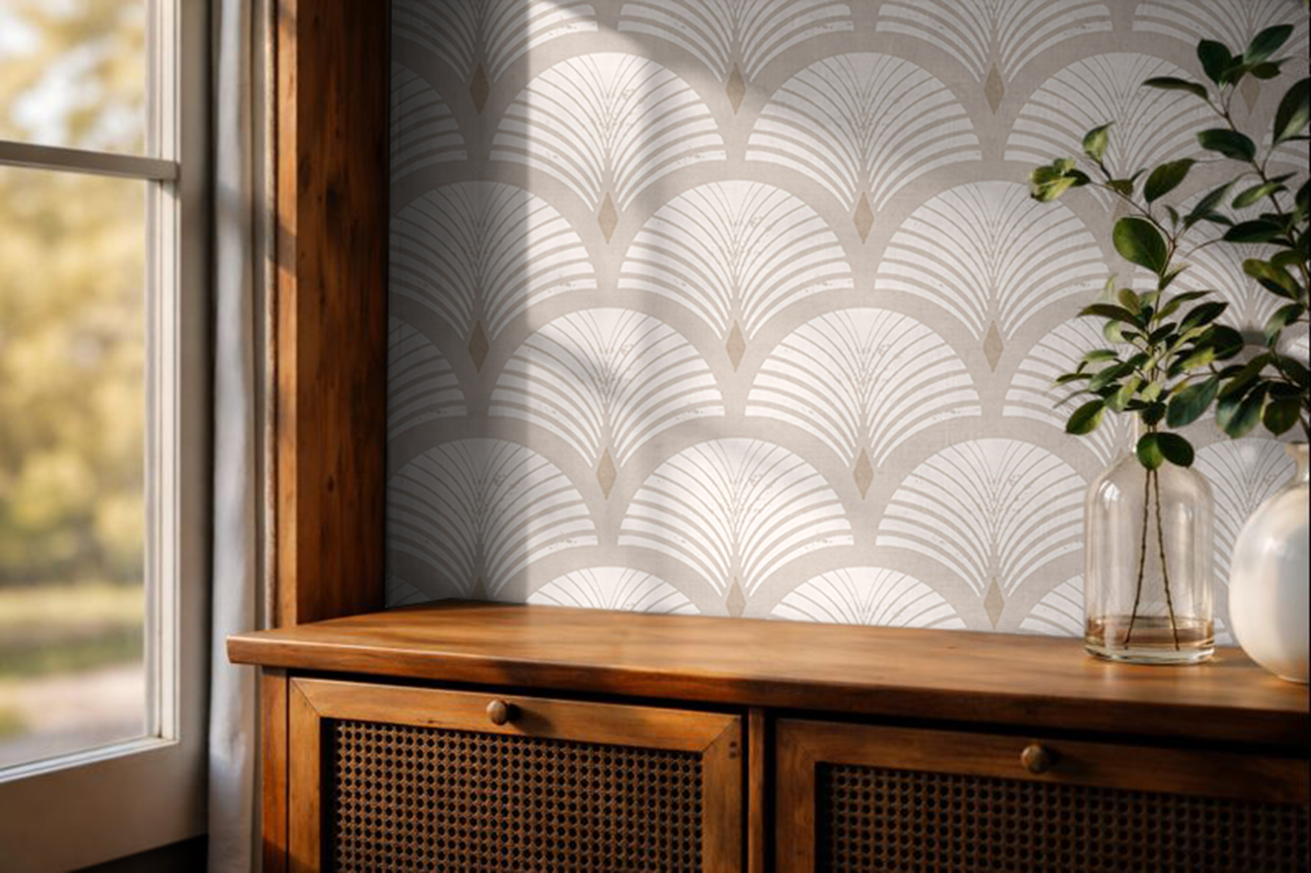 Neutral geometric wallpaper by Sandcroft creating an elegant nook with timeless Art Deco styling.
