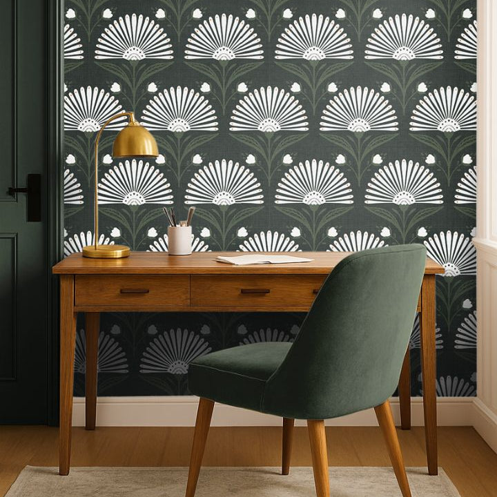 Room scene with Mossed Fan Reverie on feature wall and soft natural light