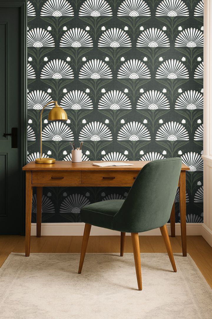 Room scene with Mossed Fan Reverie on feature wall and soft natural light