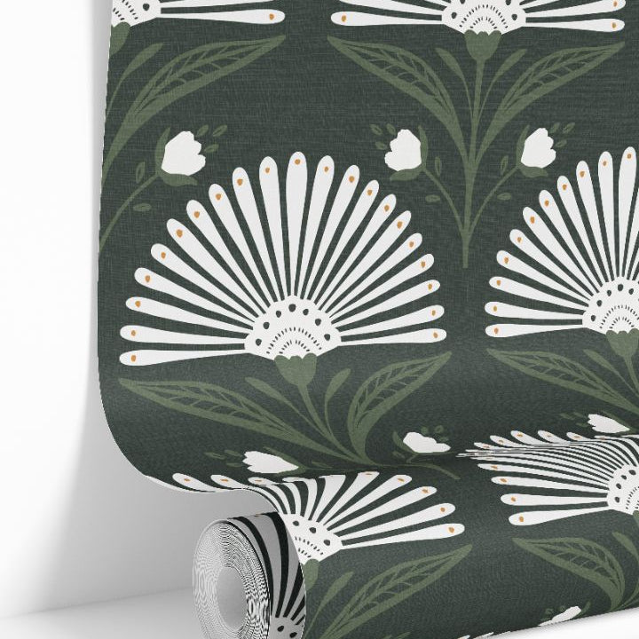 Wallpaper roll styled on neutral background, showing Mossed Fan Reverie pattern