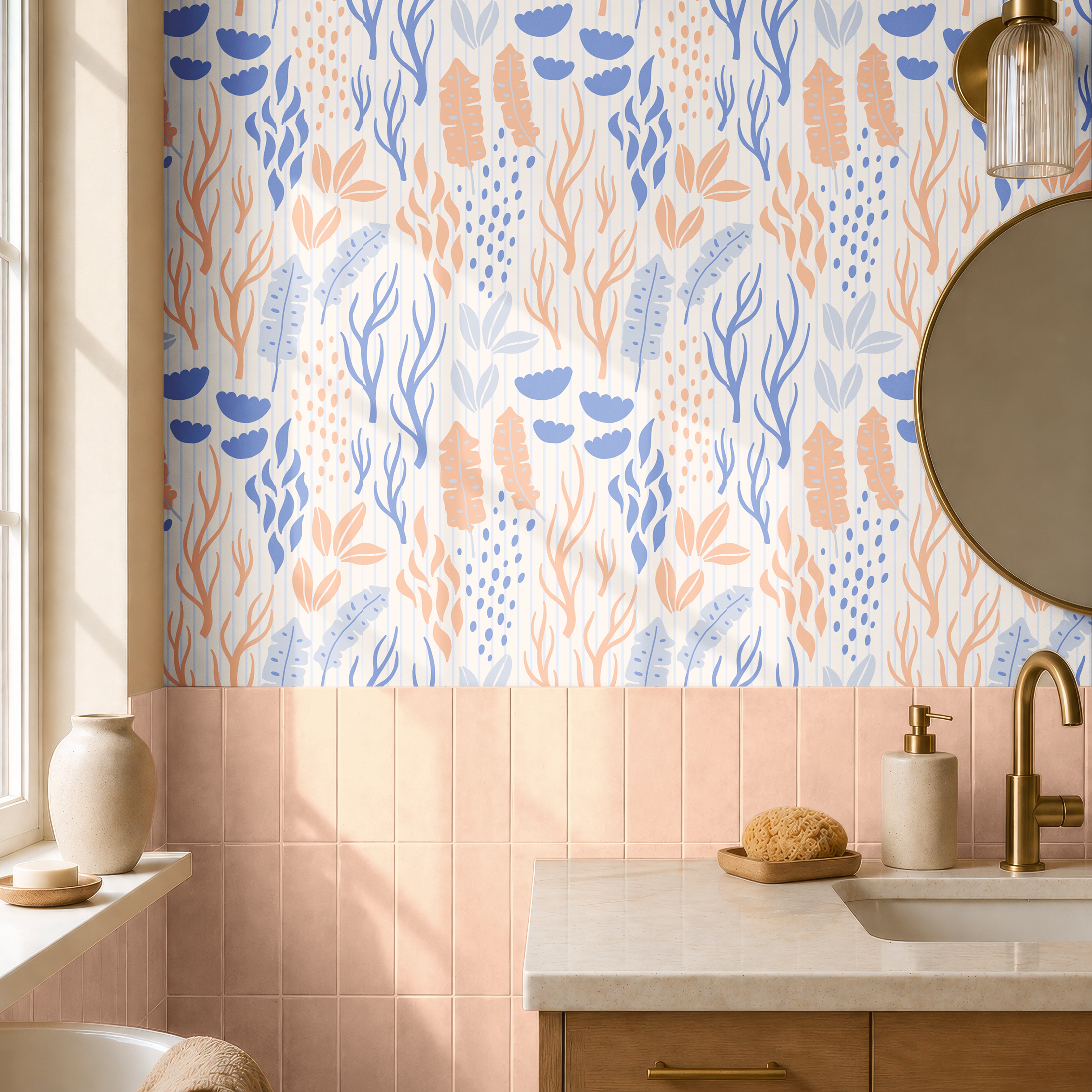 The Sand We Kept coastal botanical peel and stick wallpaper decorating a light, airy bedroom with soft blue and sandy botanical accents.