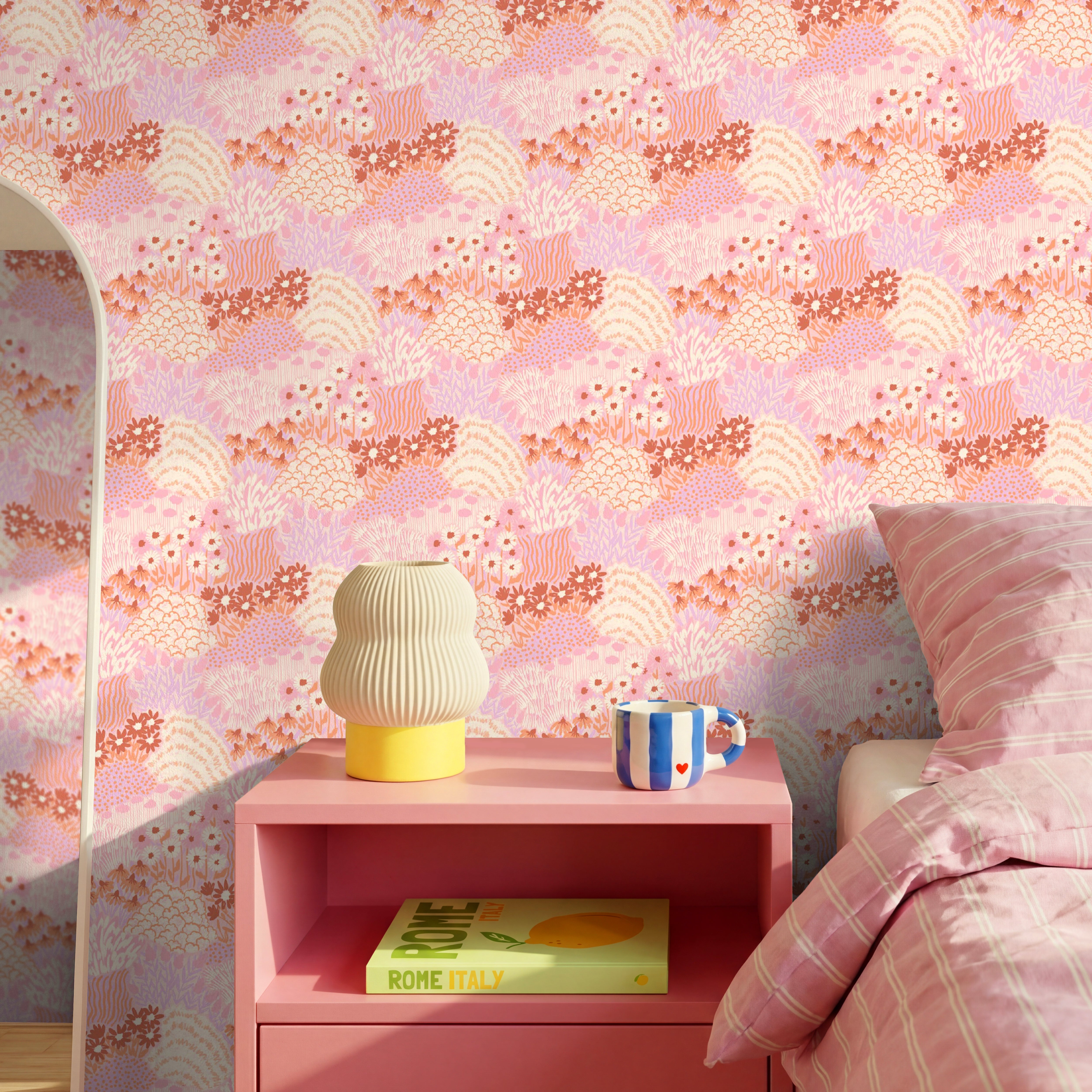 Flowers in Her Hair pink floral peel and stick wallpaper decorating a stylish girls bedroom with soft botanical meadow pattern.
