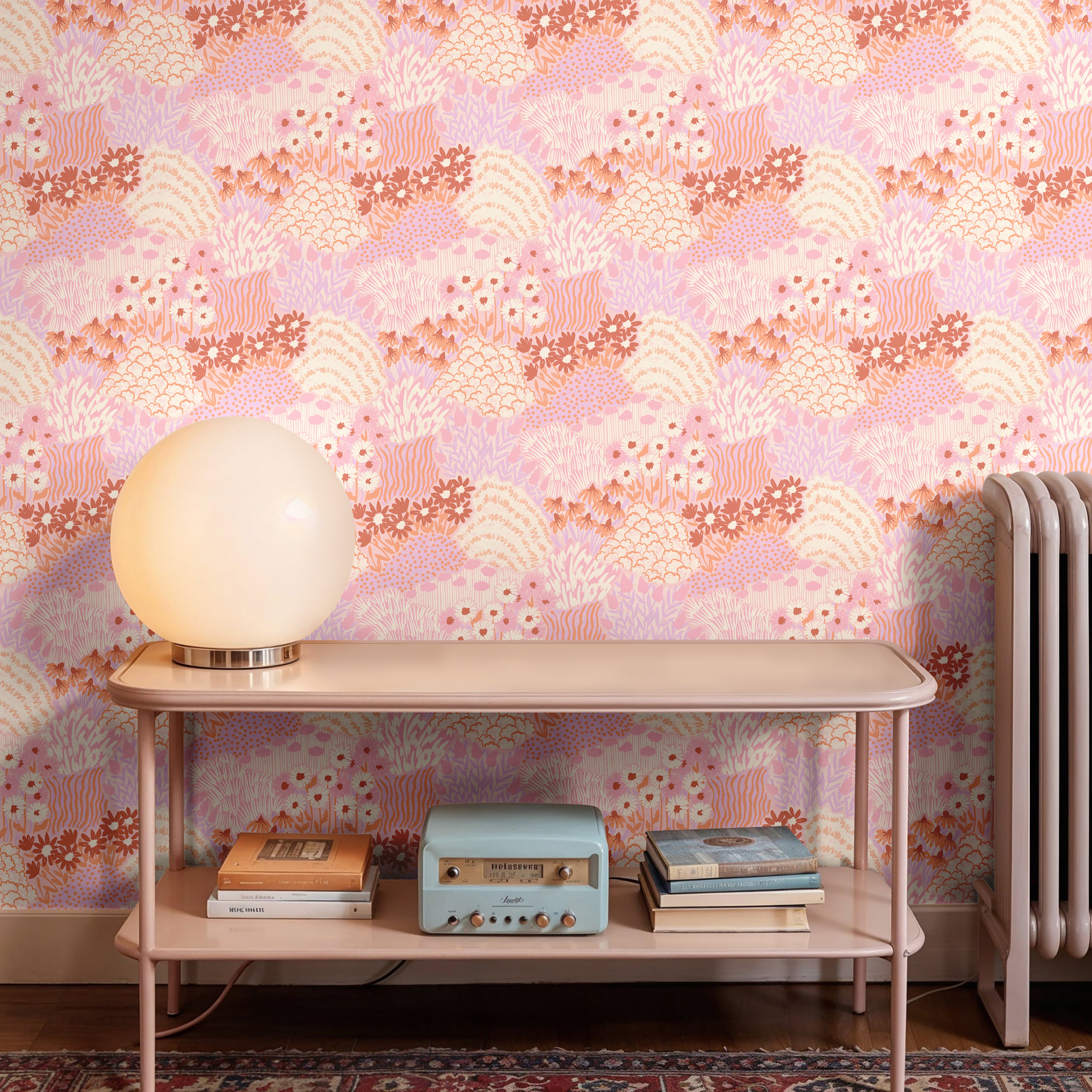 Close-up of Flowers in Her Hair wallpaper featuring layered botanical meadow flowers in blush, coral, peach, and lavender.