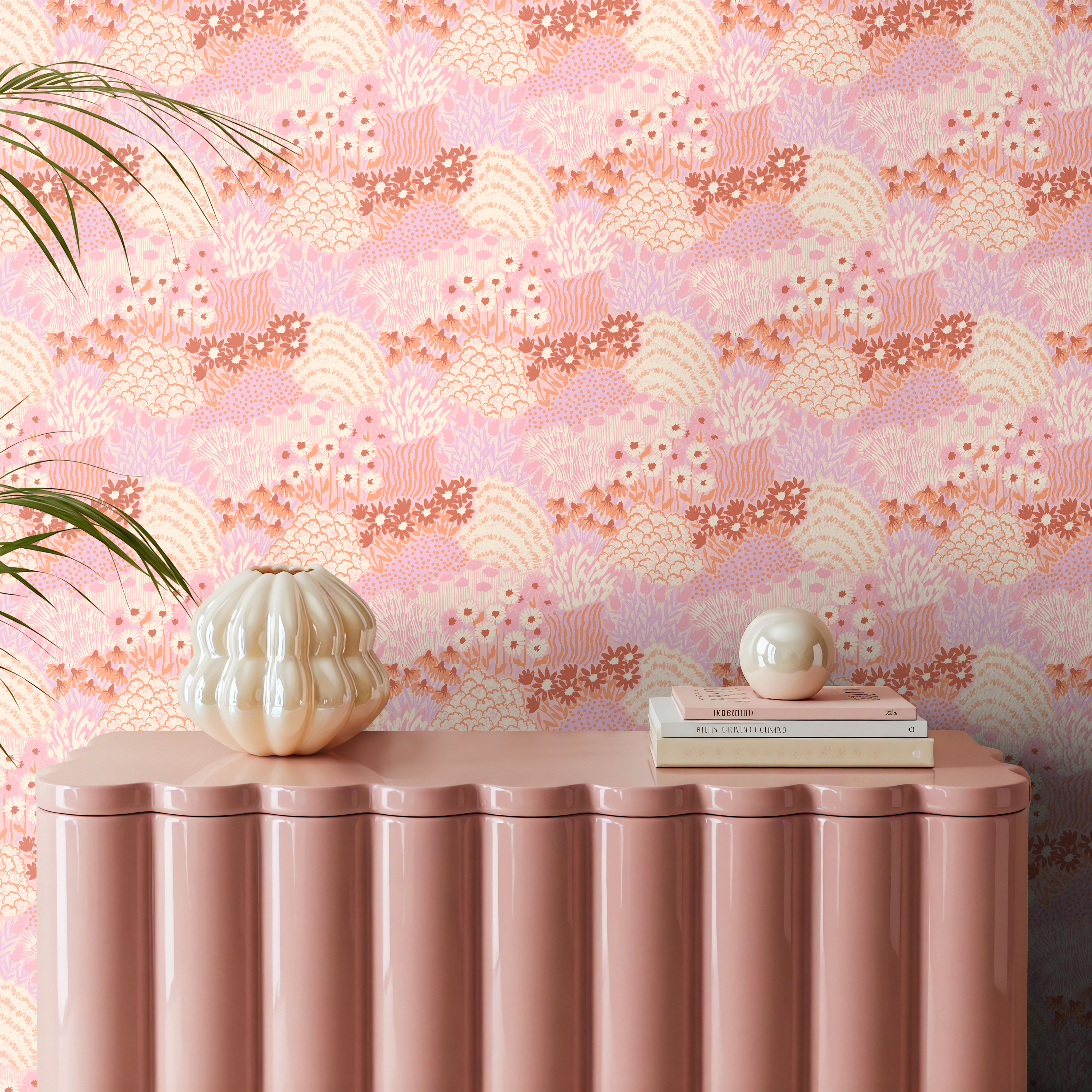 Flowers in Her Hair whimsical floral wallpaper in blush pink creating a cheerful nursery and children’s room.