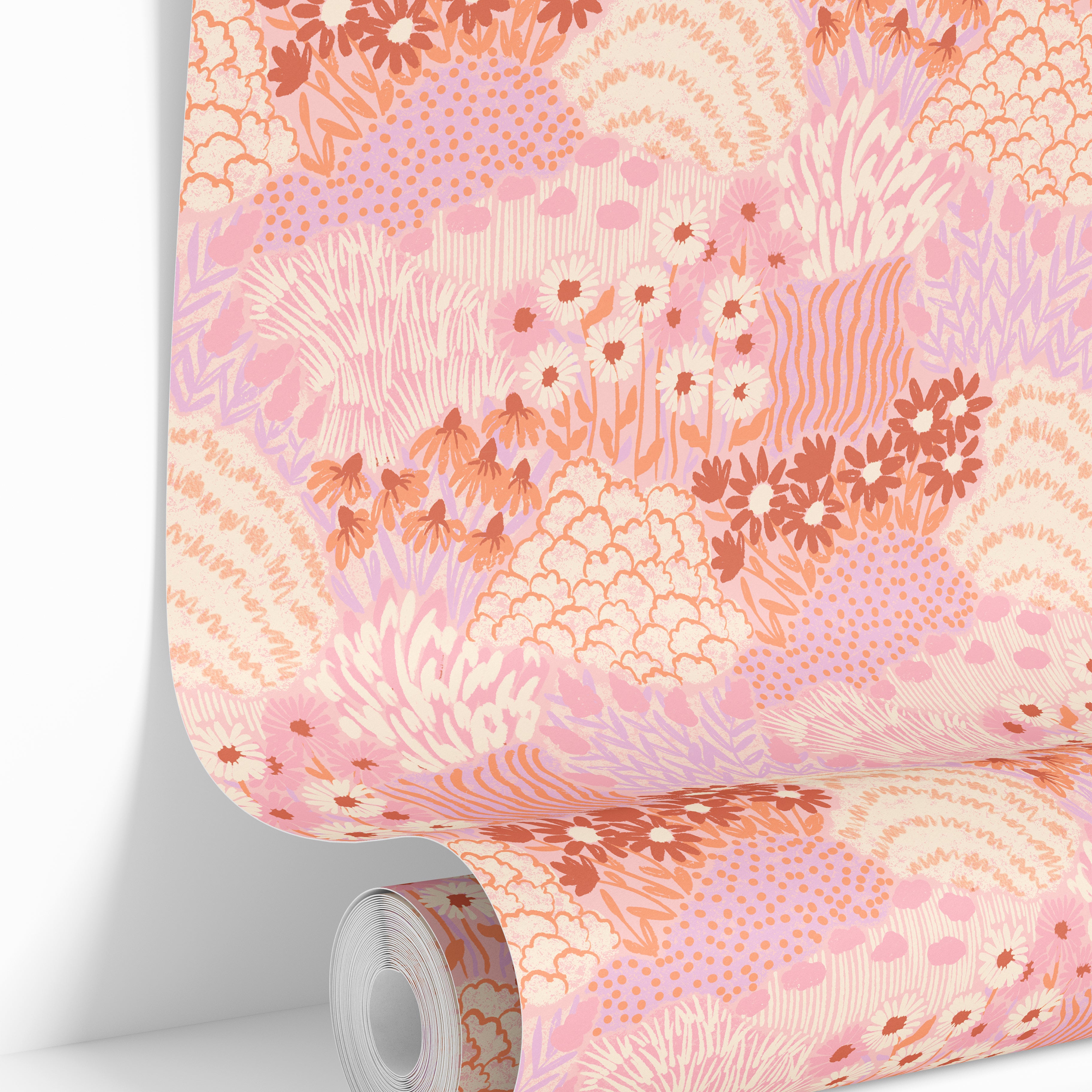 Flowers in Her Hair floral wallpaper installed as a feature wall in a bright feminine interior.