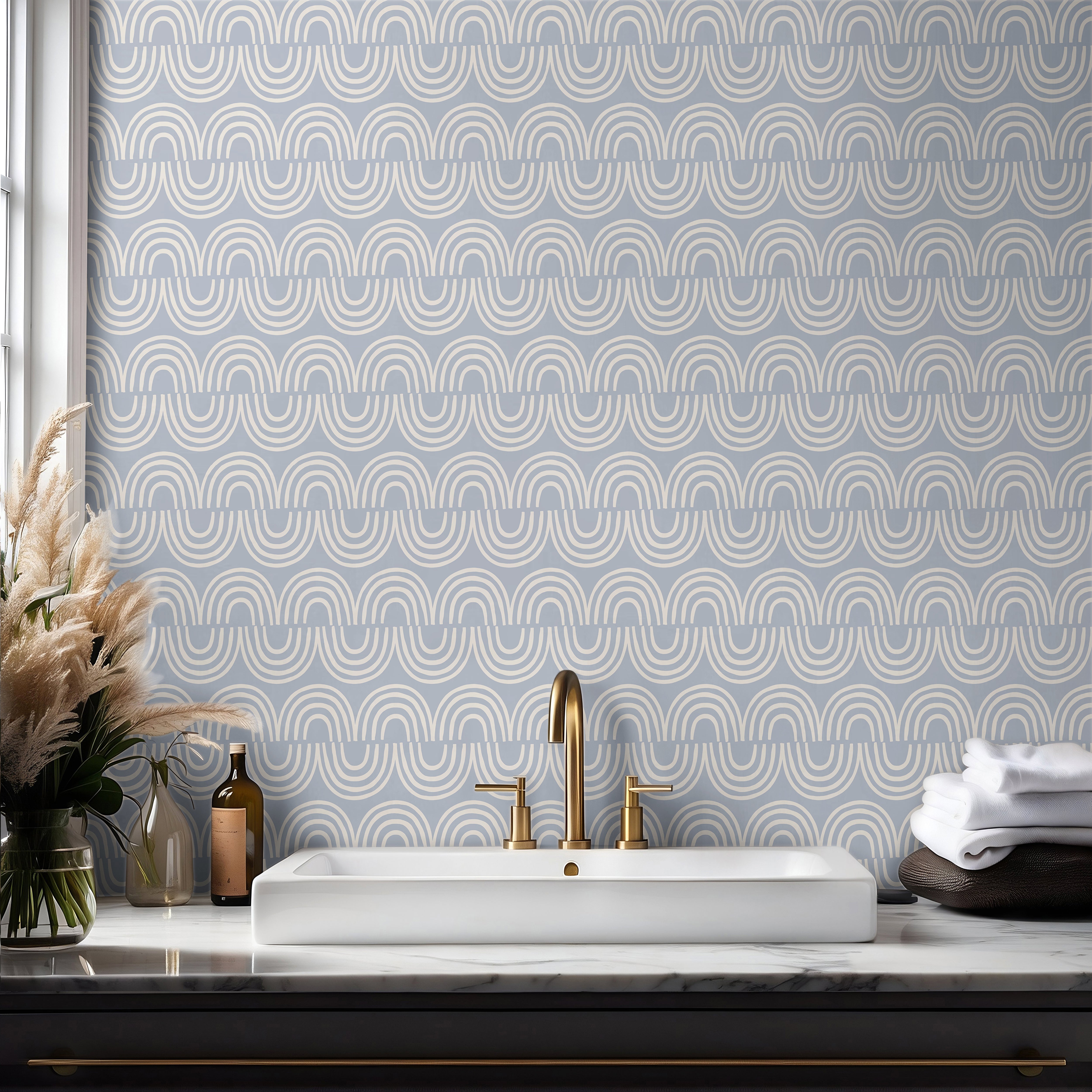 Close-up of Harbor & Sky wallpaper featuring a soft blue and ivory geometric arch pattern with clean modern lines.