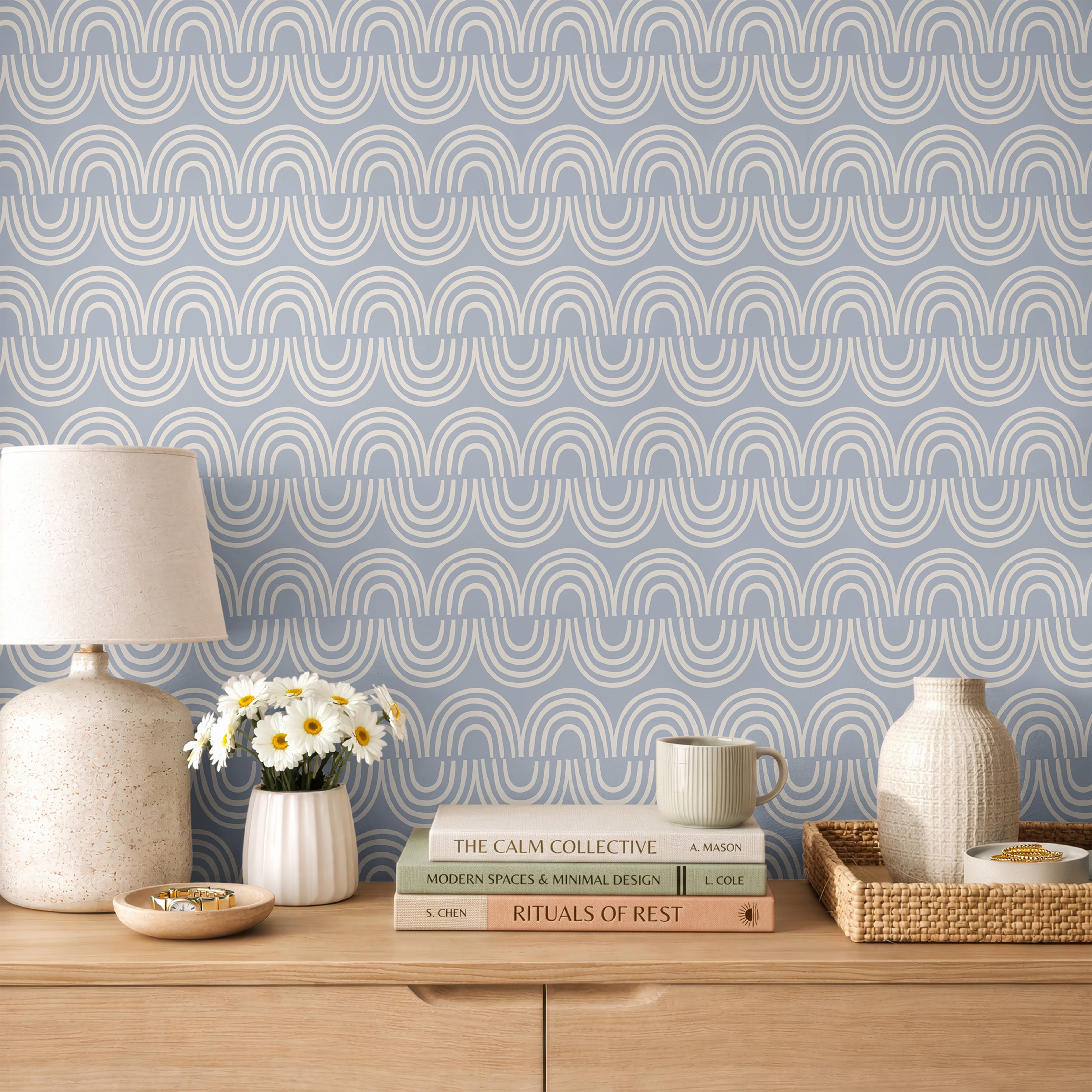 Harbor & Sky blue arch peel and stick wallpaper decorating a modern bedroom with soft geometric pattern.
