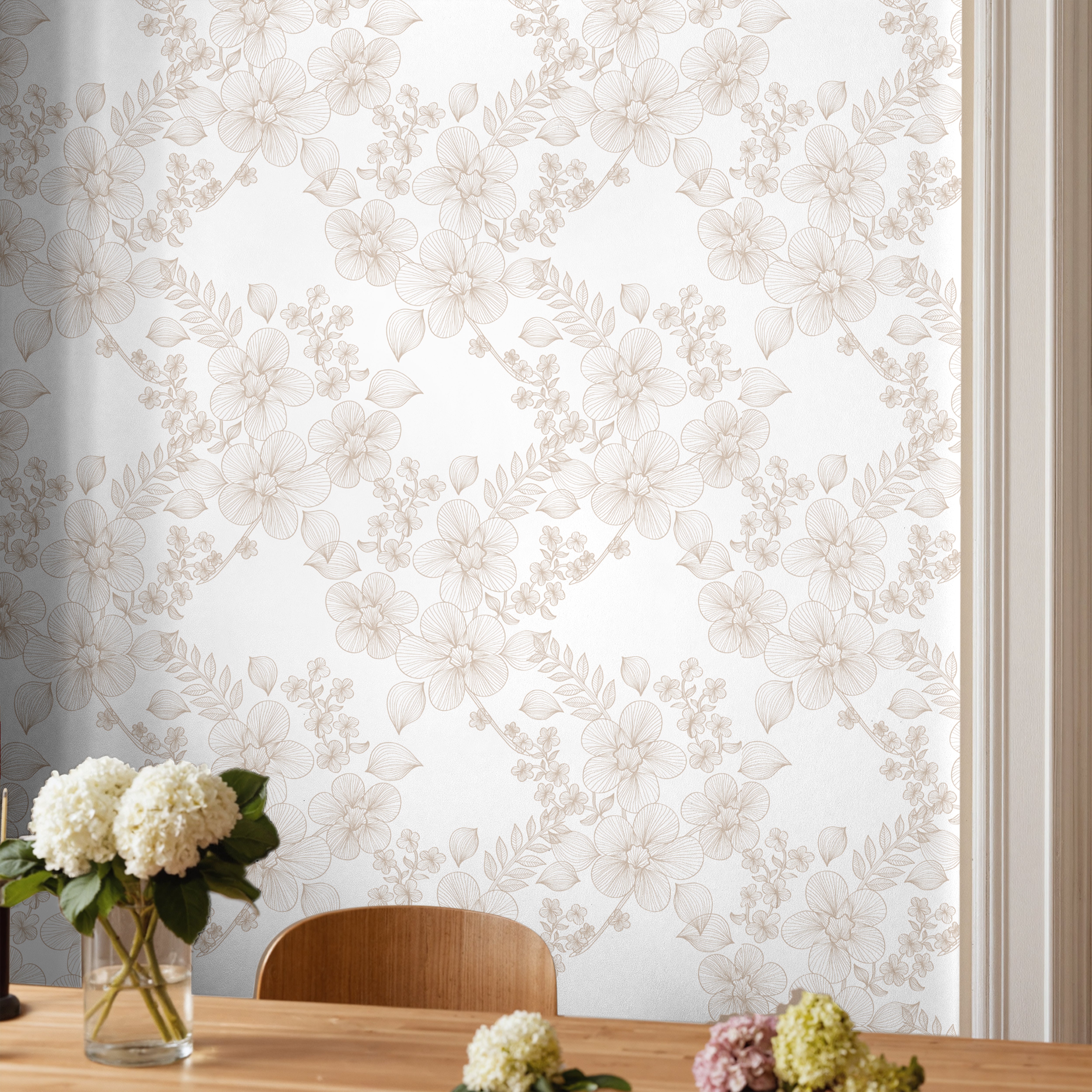 Neutral botanical Lacewood House wallpaper decorating a sunlit dining room with natural wood furniture