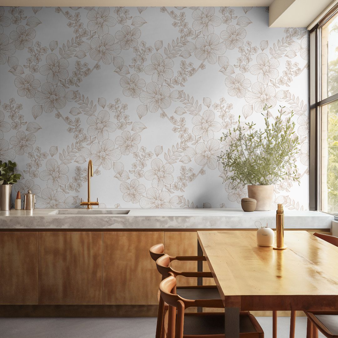 Lacewood House beige floral wallpaper in a bright organic modern kitchen and dining space with warm wood cabinets.
