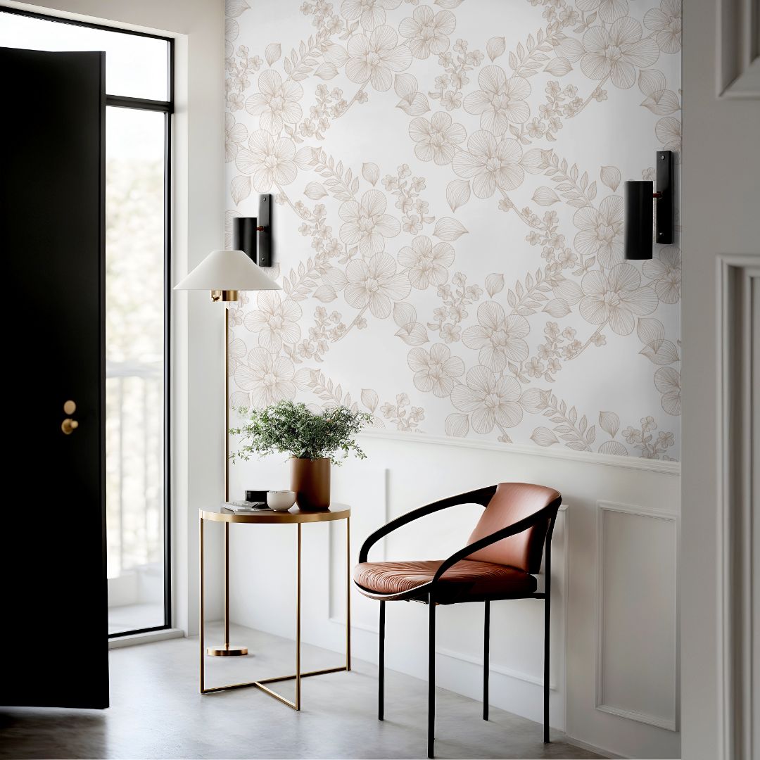Lacewood House neutral floral wallpaper with beige orchid line art, delicate blossoms, and leaves on white