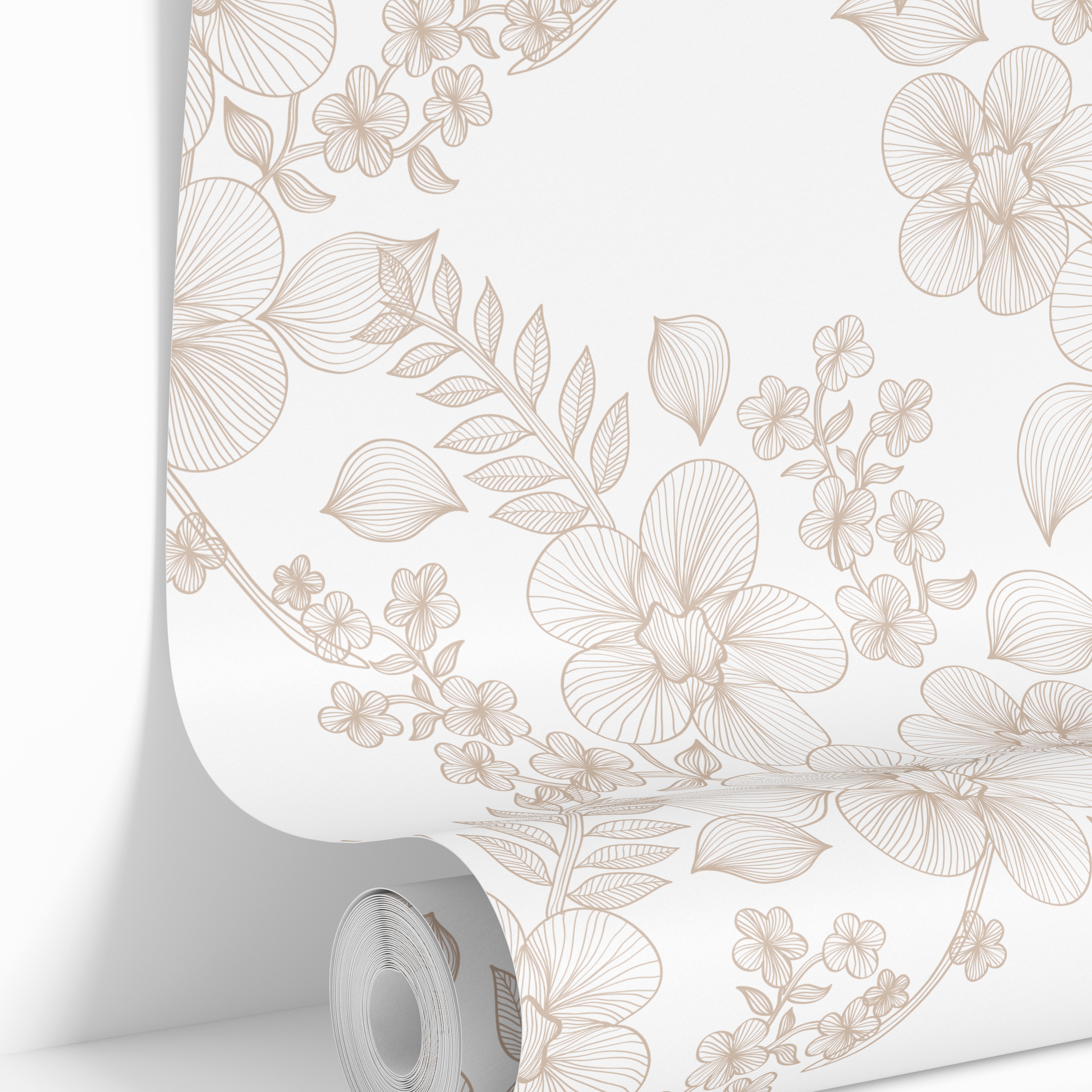 Roll of Lacewood House wallpaper featuring warm beige floral linework and large orchid-inspired blooms on white.
