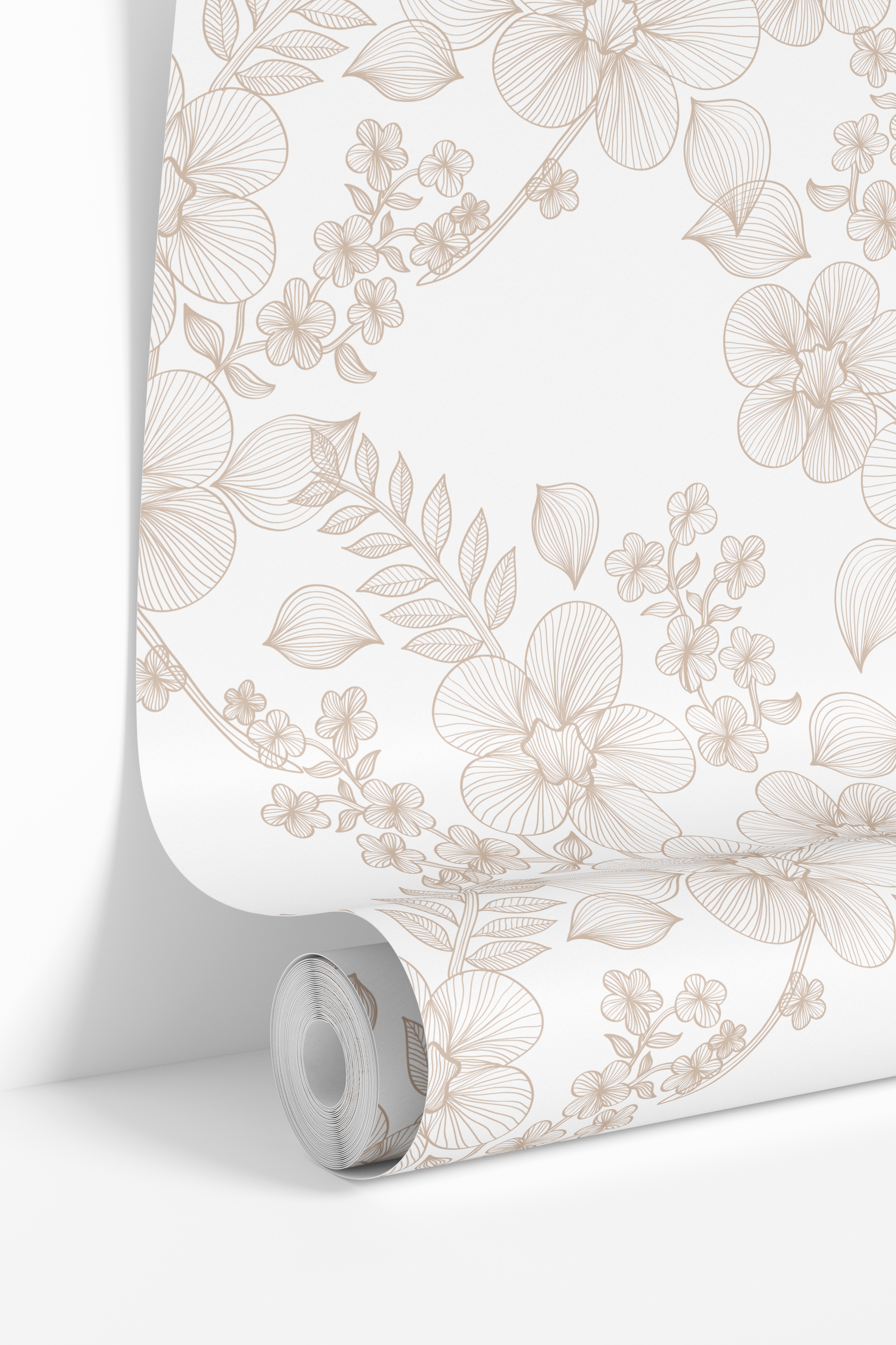 Roll of Lacewood House wallpaper featuring warm beige floral linework and large orchid-inspired blooms on white.