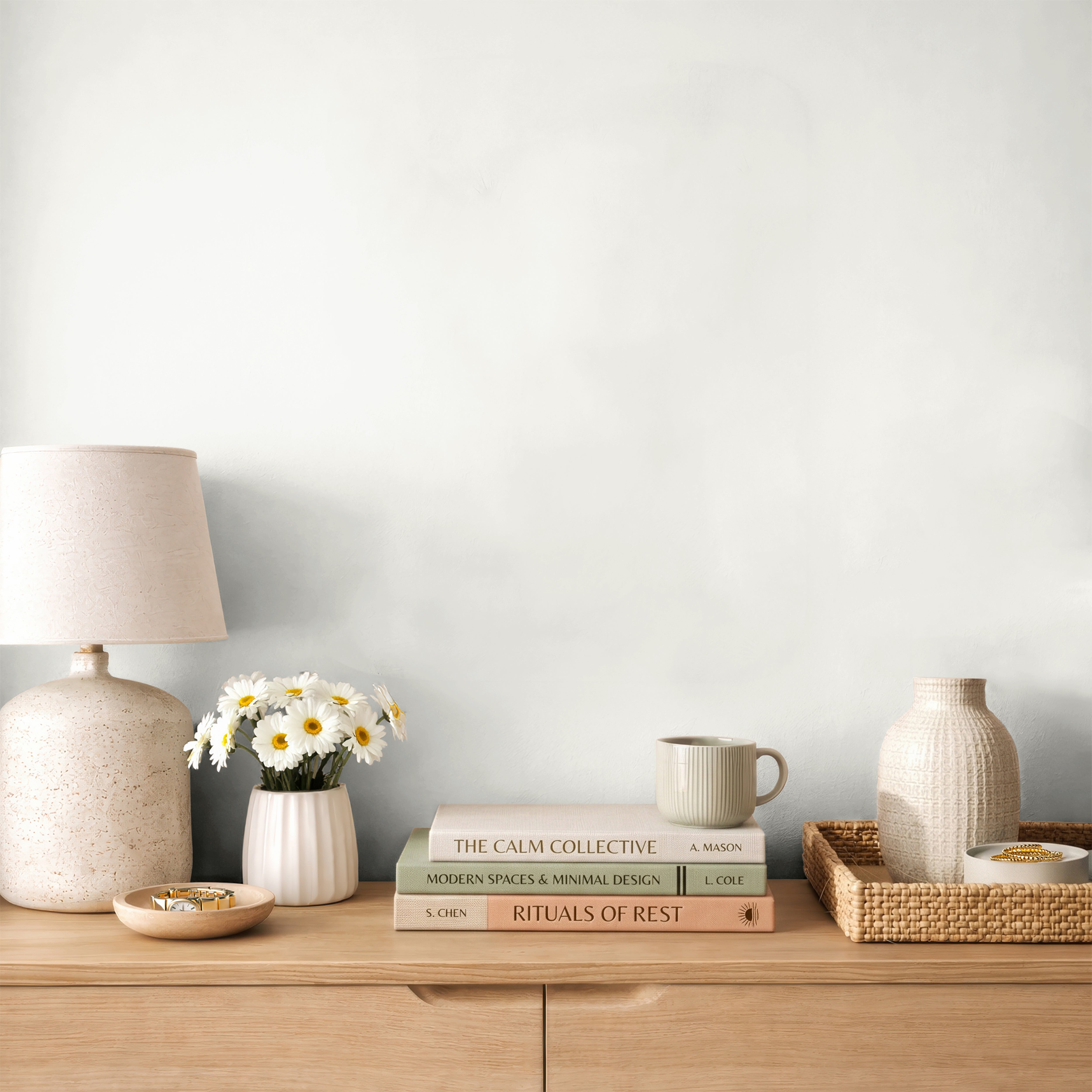 Ivory House warm ivory wallpaper creating a calm neutral backdrop in a softly styled modern bedroom.
