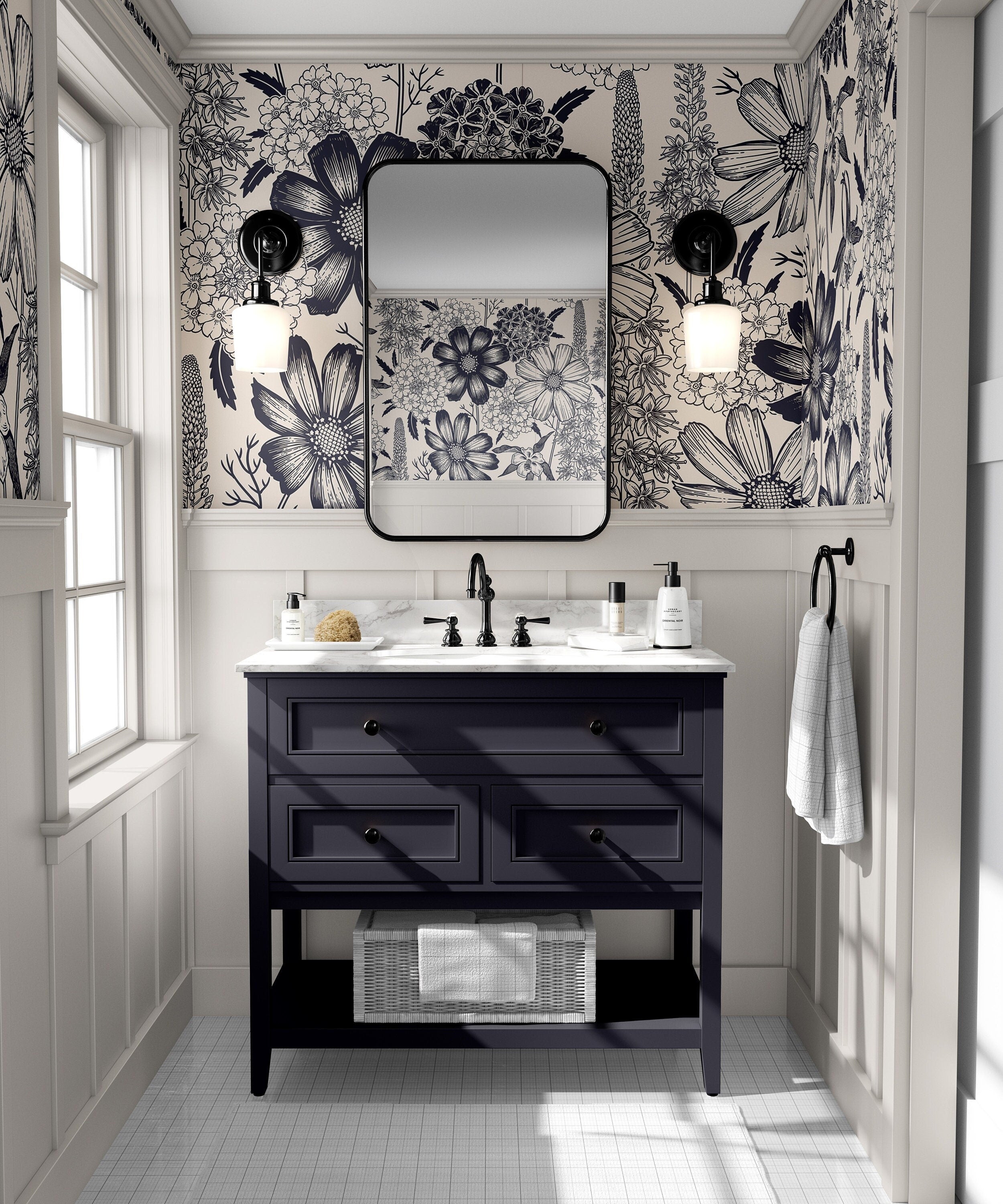 The Grand Botanist navy and cream floral wallpaper installed above white paneling in a classic bathroom.