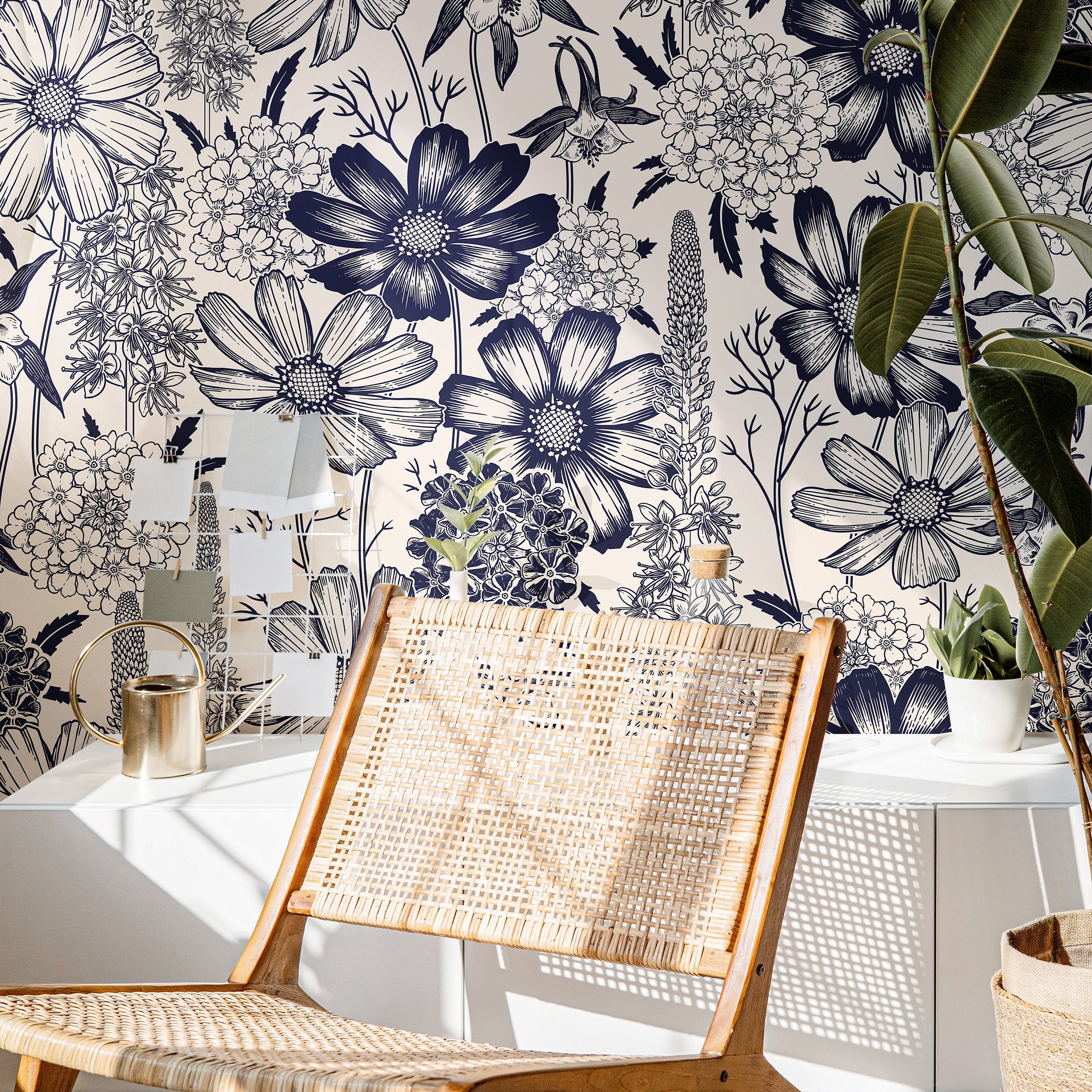 The Grand Botanist navy floral wallpaper creating a bold botanical feature wall in a bright home office.