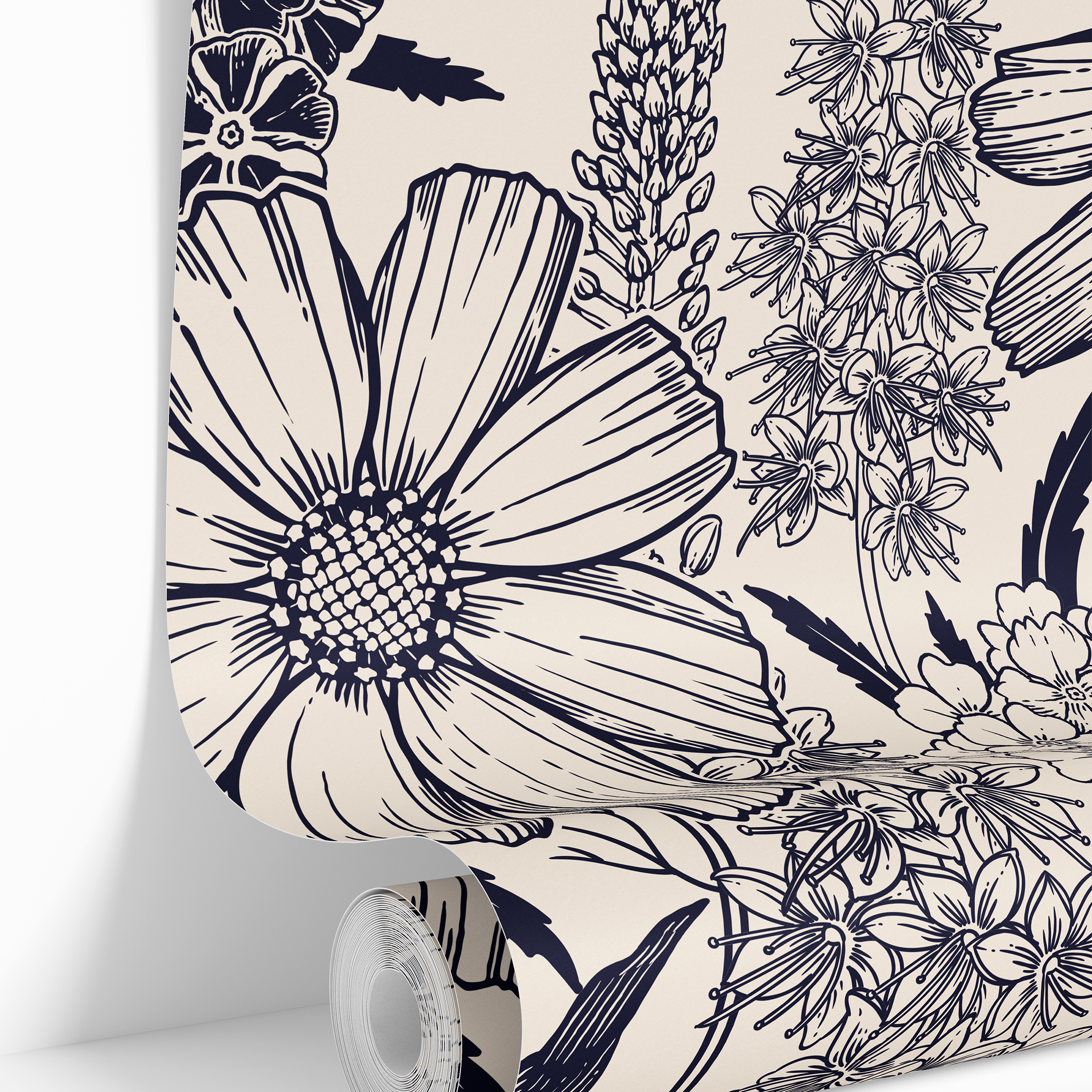 Detailed navy botanical wallpaper with oversized flowers, clustered blossoms, and tall garden stems on cream.