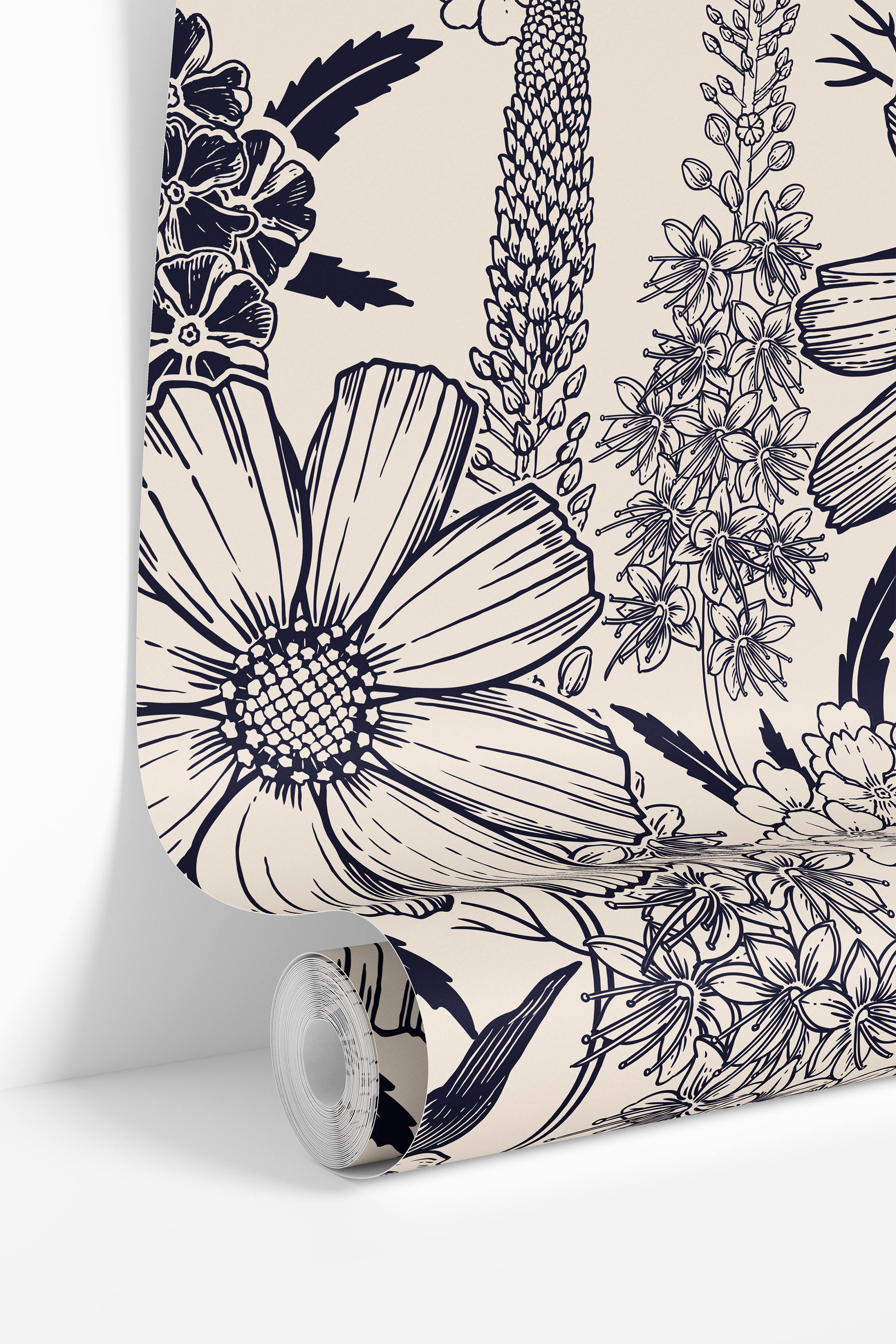 Detailed navy botanical wallpaper with oversized flowers, clustered blossoms, and tall garden stems on cream.