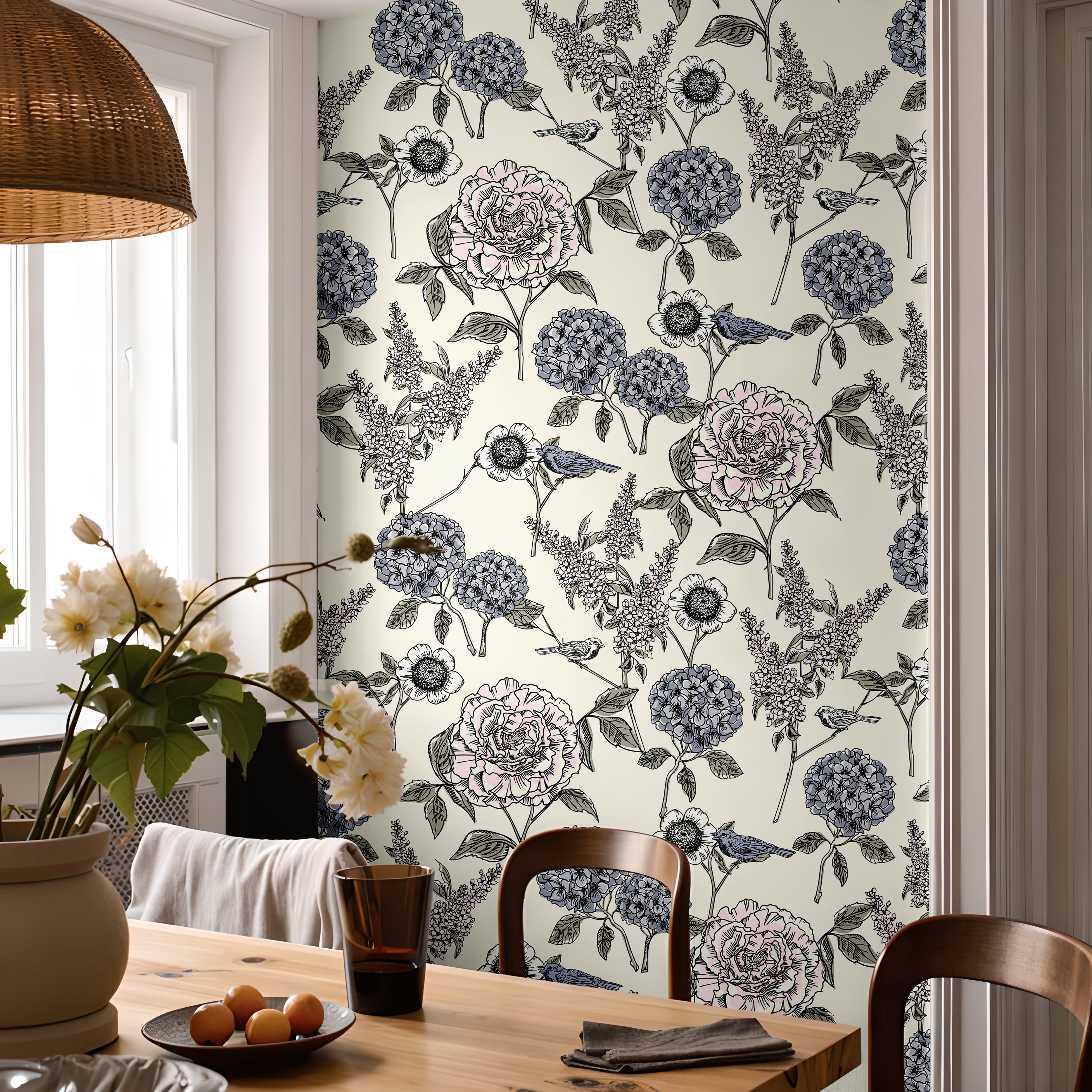 Closeup of The Gardener's Journal wallpaper with blue hydrangeas, blush roses, sage leaves, and a songbird.