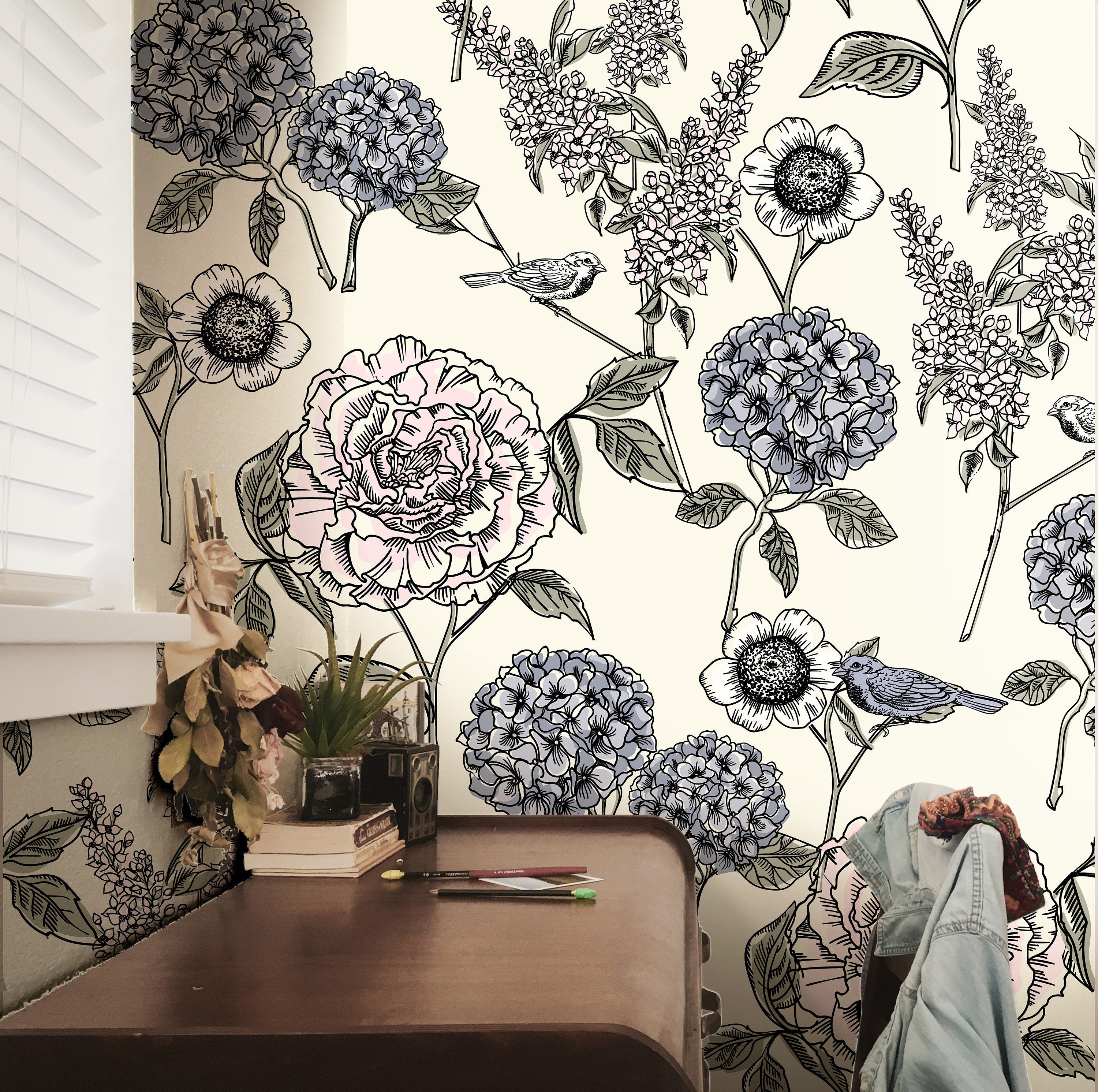 The Gardener's Journal floral wallpaper with blue hydrangeas and birds in a vintage-inspired home office.