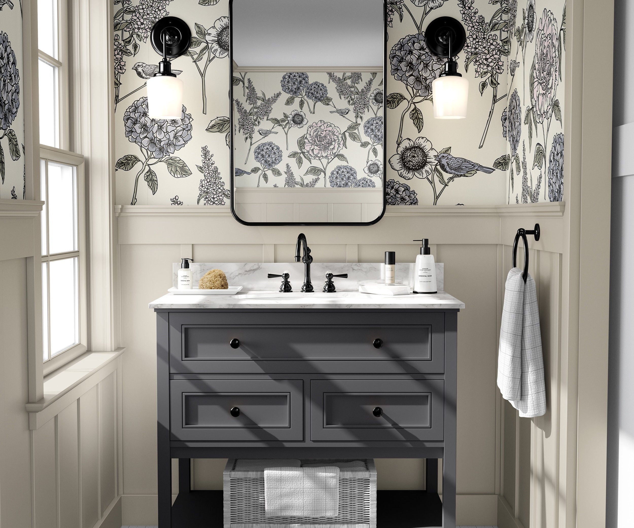 The Gardener's Journal blue hydrangea wallpaper above white paneling in a bright powder room with black accents.