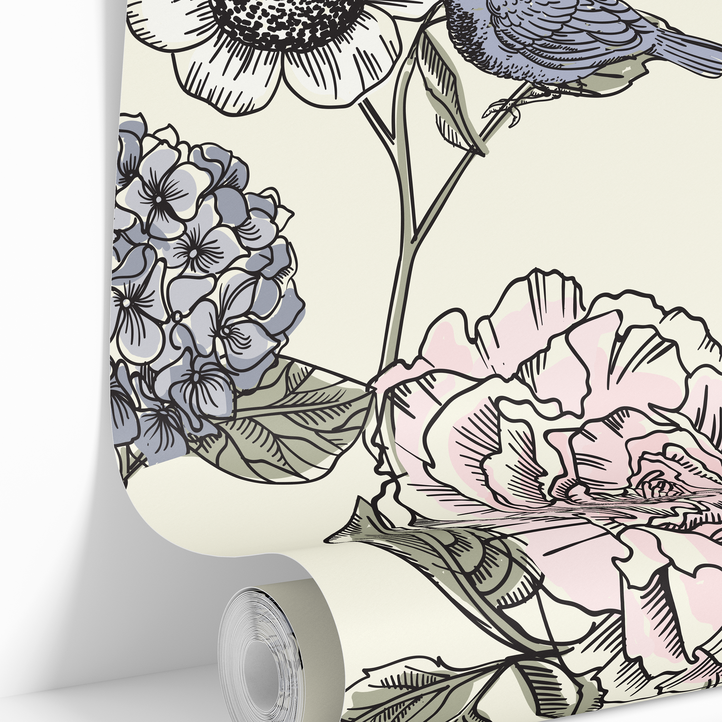Pattern detail of The Gardener's Journal wallpaper showing hydrangeas, roses, wildflowers, leaves, and songbirds.
