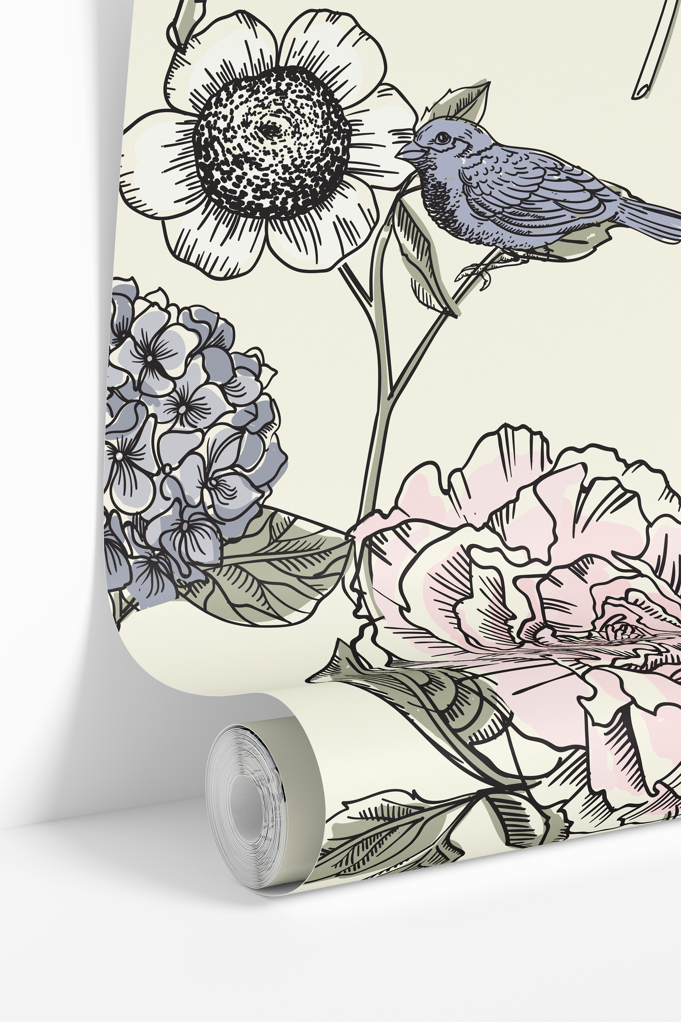 Pattern detail of The Gardener's Journal wallpaper showing hydrangeas, roses, wildflowers, leaves, and songbirds.
