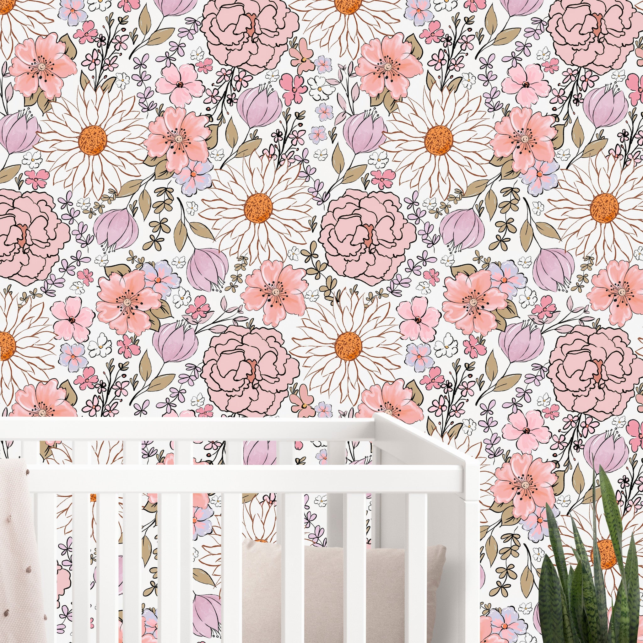 The Little Heiress nursery wallpaper featuring cheerful garden flowers behind a modern white crib.