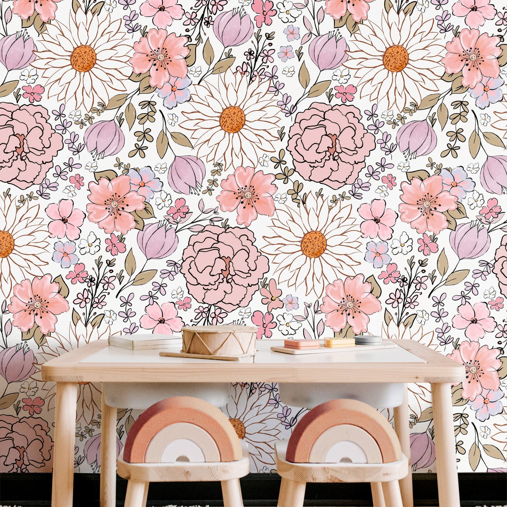 The Little Heiress colorful floral wallpaper decorating a bright children’s bedroom and creative play space.