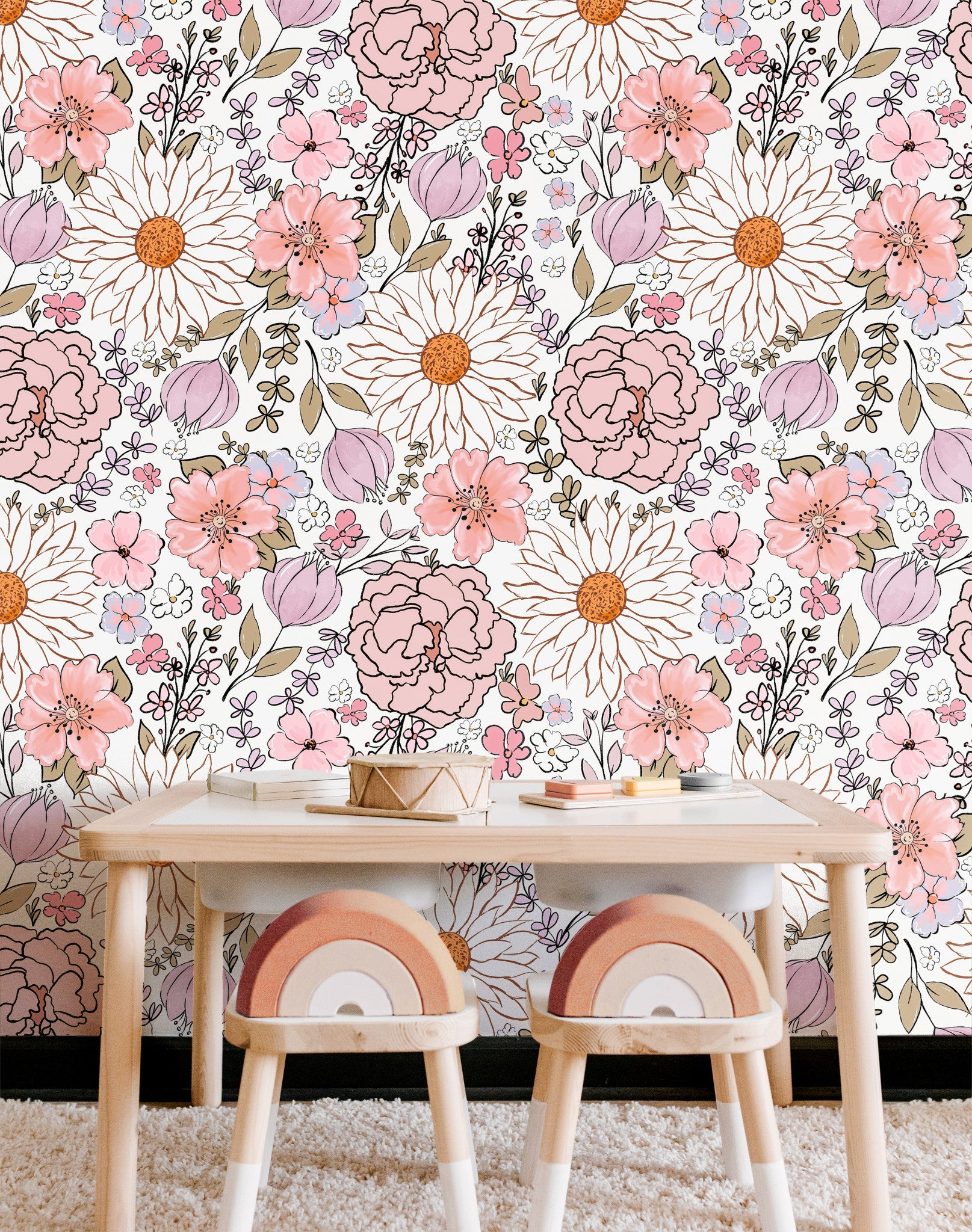 The Little Heiress colorful floral wallpaper decorating a bright children’s bedroom and creative play space.