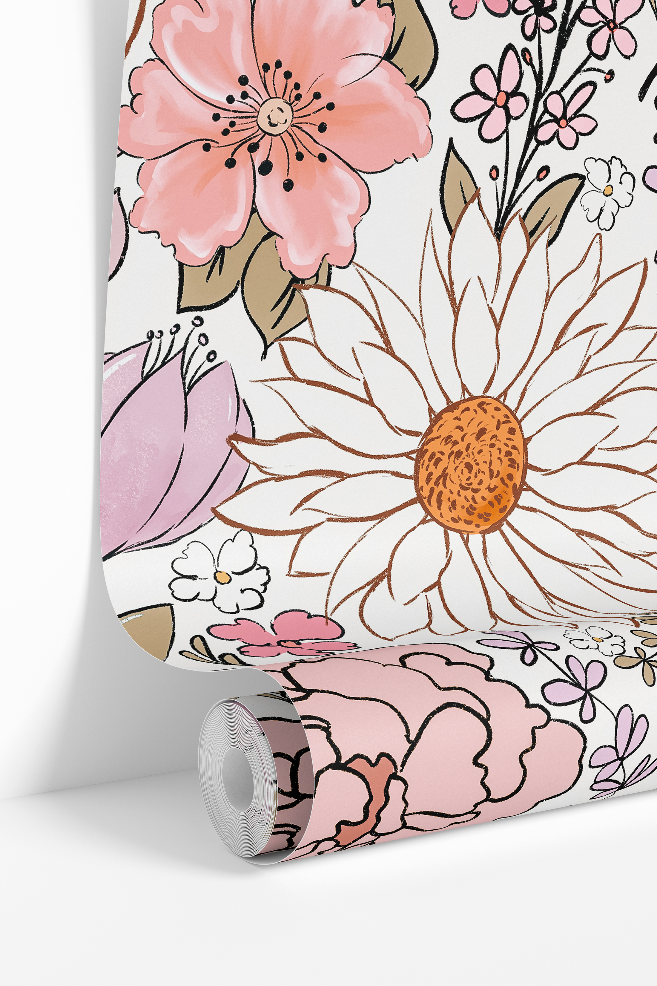 Close-up of The Little Heiress wallpaper with pink, lavender, blue, and coral flowers on white
