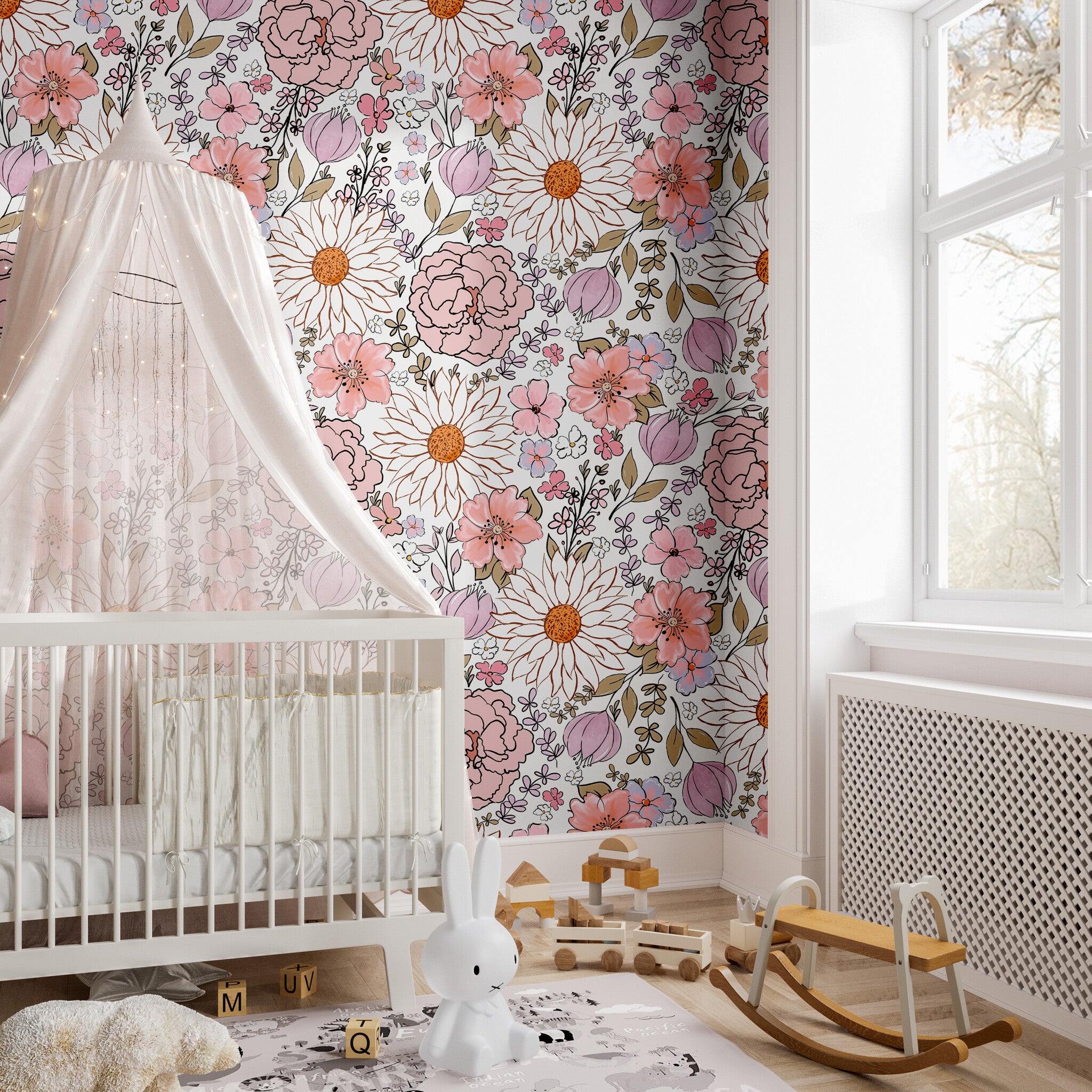 The Little Heiress pink floral wallpaper in a bright nursery with a white crib, canopy, and wooden toys