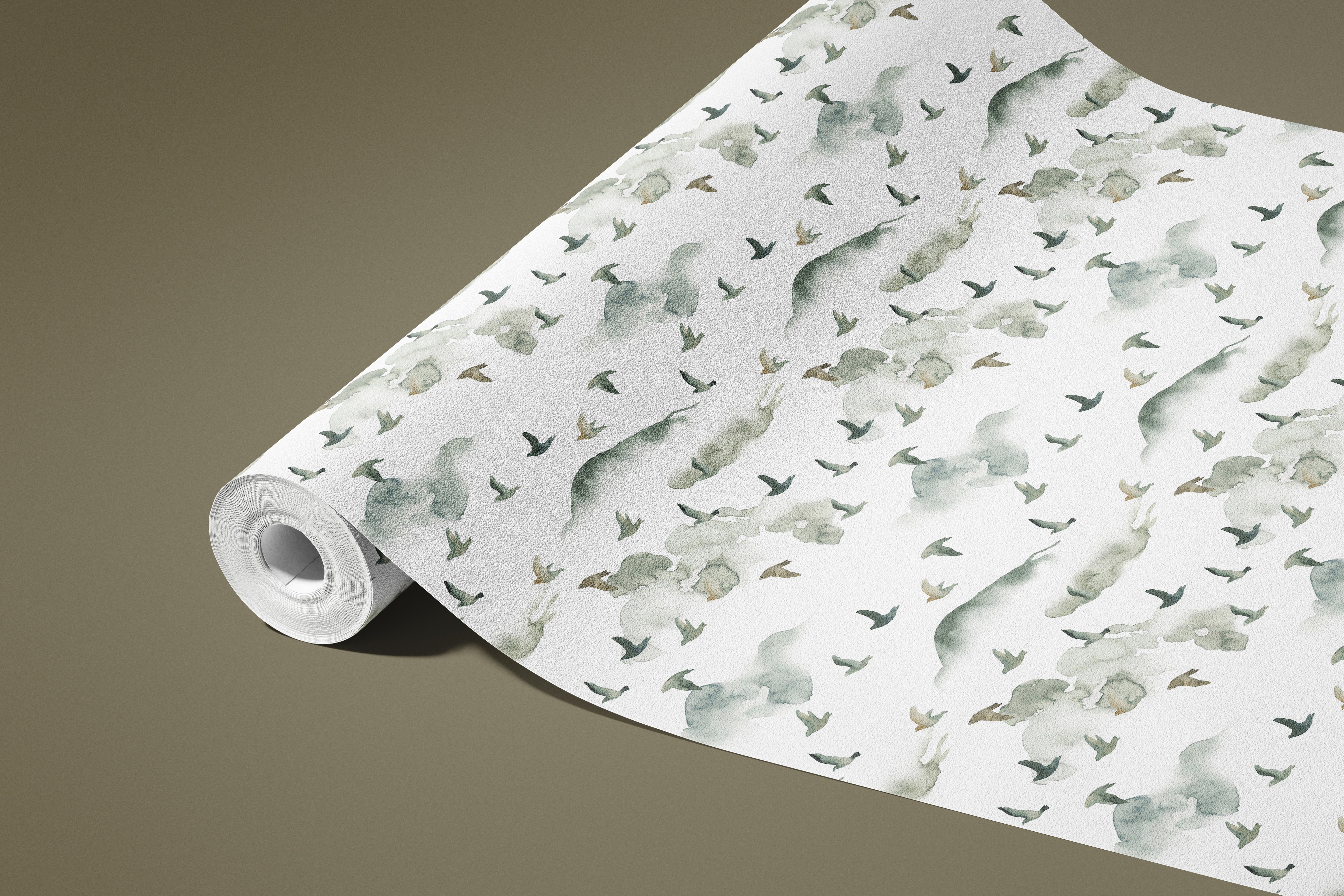 Contact paper 657: A soft watercolor contact paper featuring delicate green and beige clouds with birds in flight, creating a tranquil, dreamy aesthetic perfect for minimalist and nature-inspired interiors.