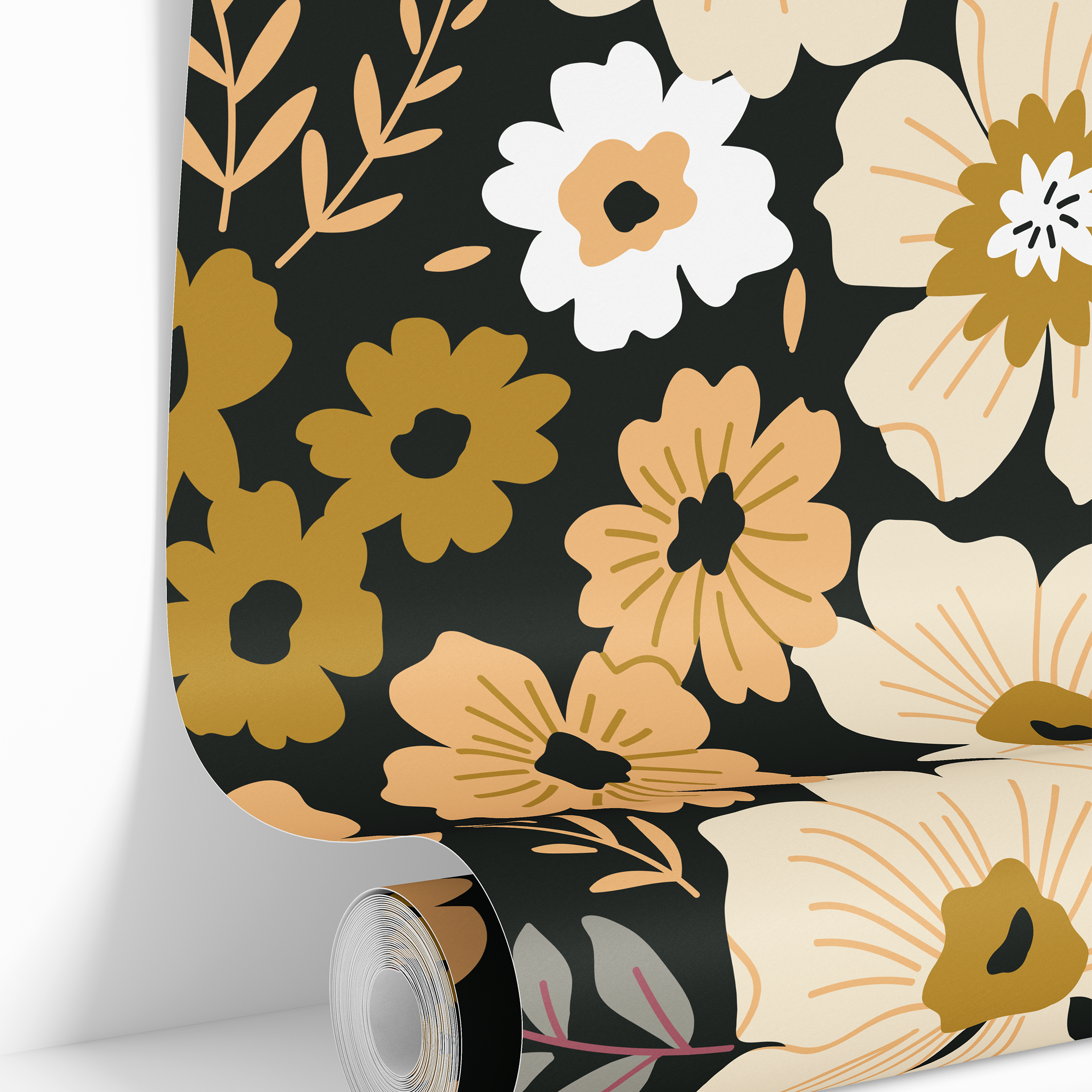 rolled charcoal floral wallpaper showing cream gold white and gray blooms with layered leaves